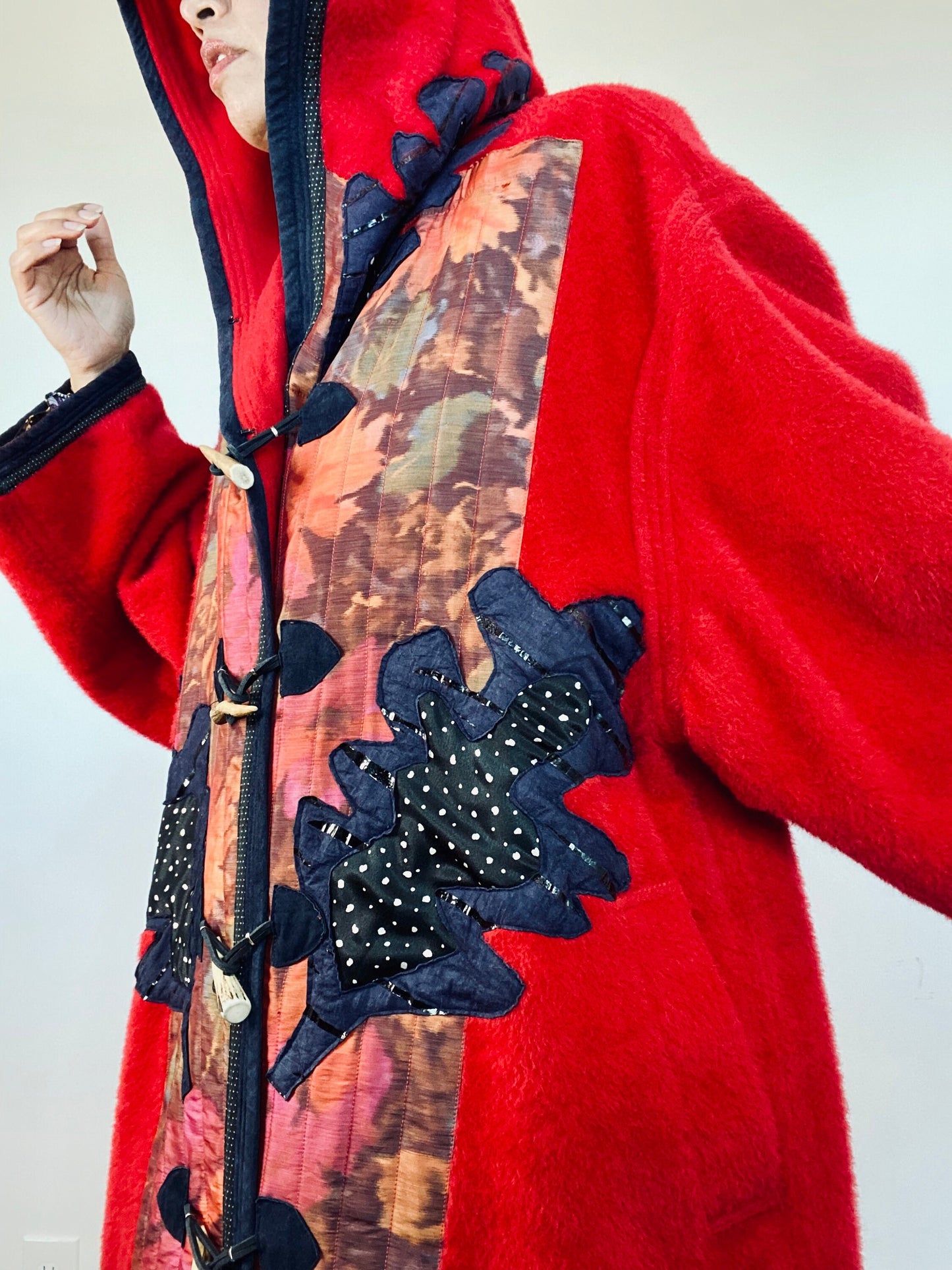 Red Wool Alpaca Koos Van Den Akker Hooded Patchwork Coat Horn Toggle