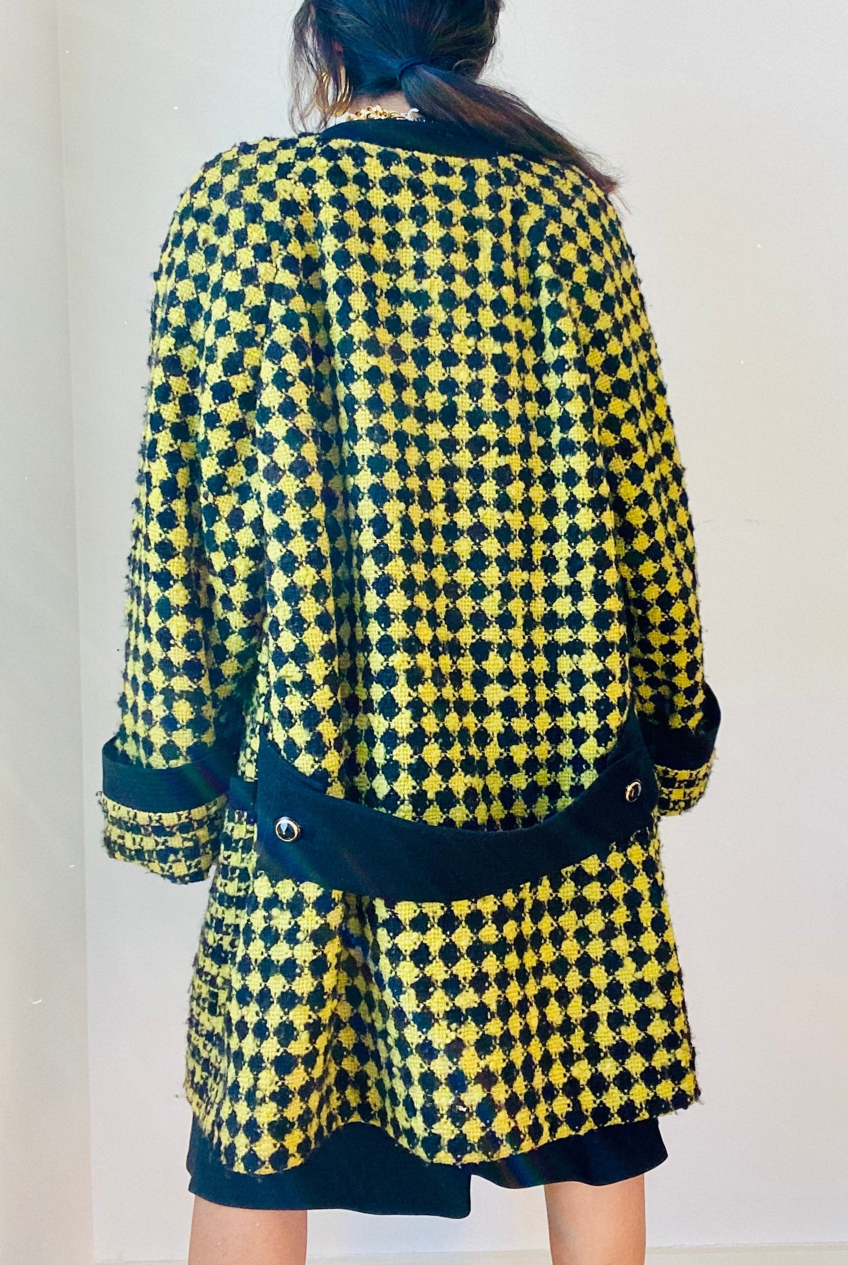 90s Versace Couture Runway Black and Yellow Houndstooth Wool Boucle Tweed Swing Coat