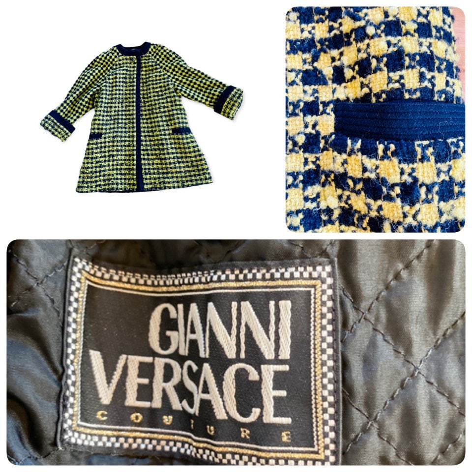 90s Versace Couture Runway Black and Yellow Houndstooth Wool Boucle Tweed Swing Coat