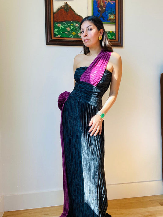 Early 80s Mary McFadden for Neiman Marcus One Shoulder Pleated Goddess Gown Fortuny Plisse