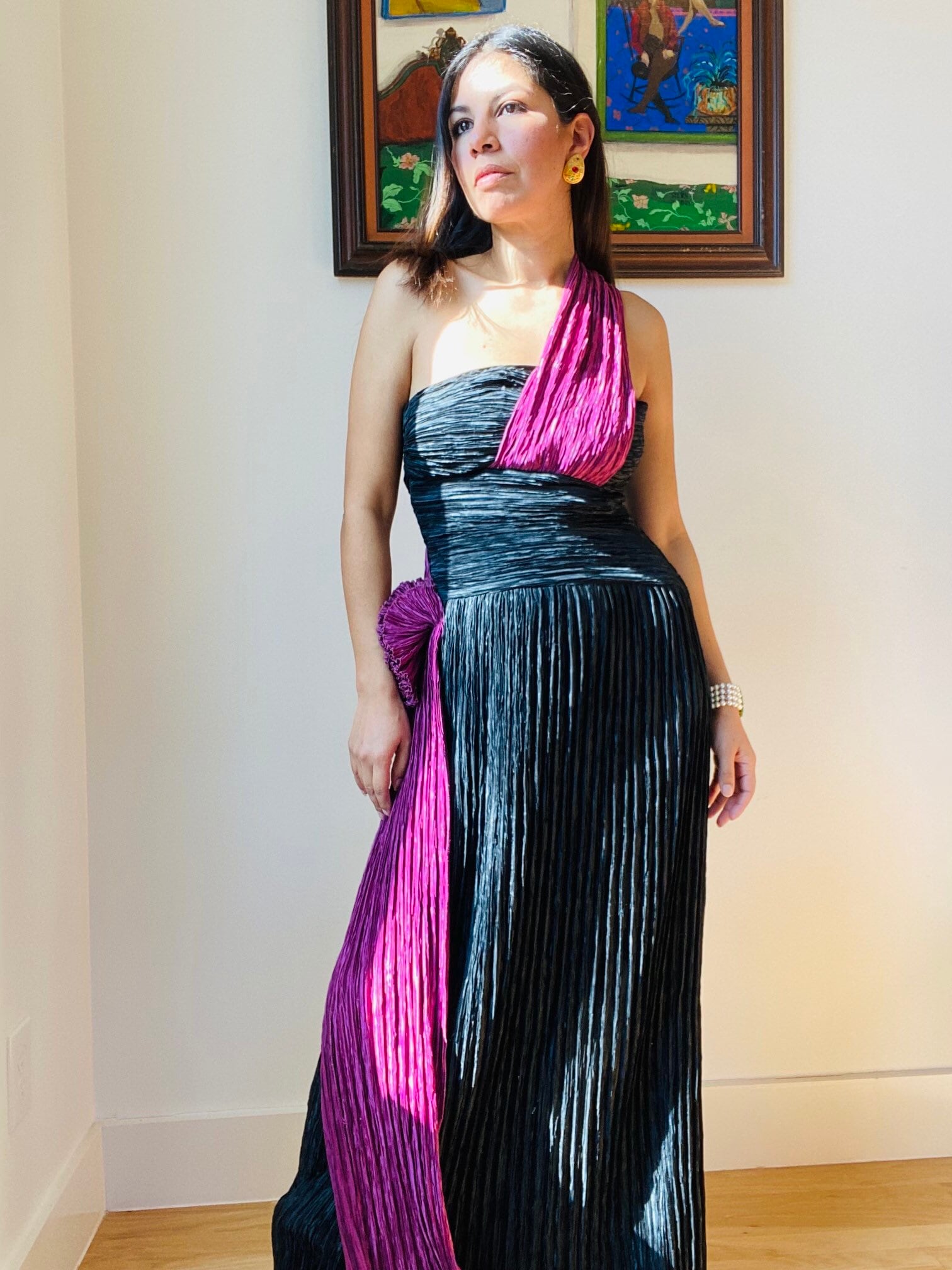 Early 80s Mary McFadden for Neiman Marcus One Shoulder Pleated Goddess Gown Fortuny Plisse