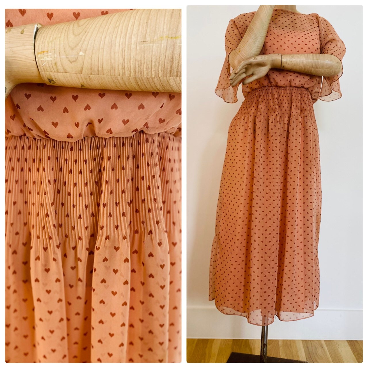 50s Rizkallah for Mardi Gras Dusty Rose Heart Print Chiffon Pleated Angel Sleeve Dress Rare As Is