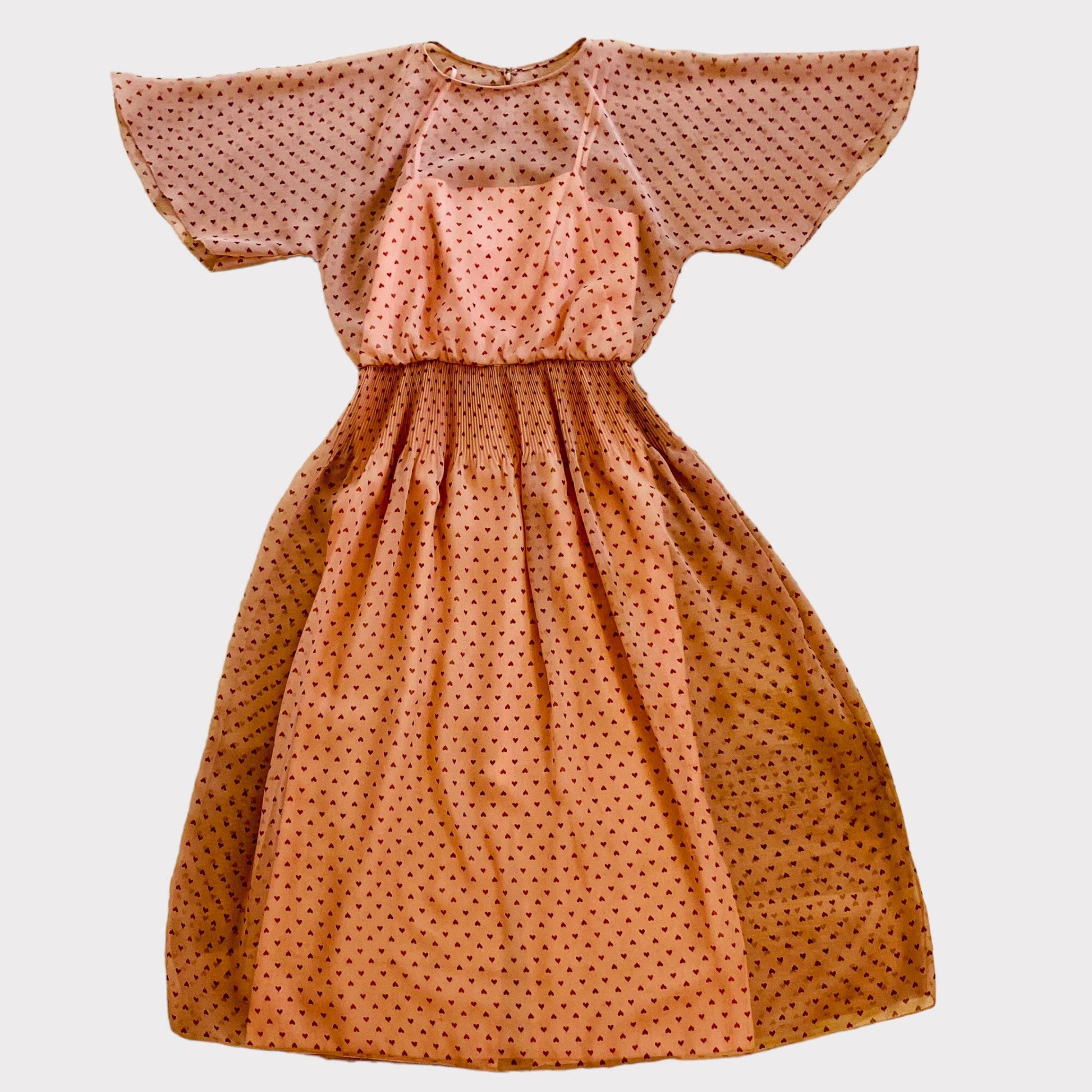 50s Rizkallah for Mardi Gras Dusty Rose Heart Print Chiffon Pleated Angel Sleeve Dress Rare As Is