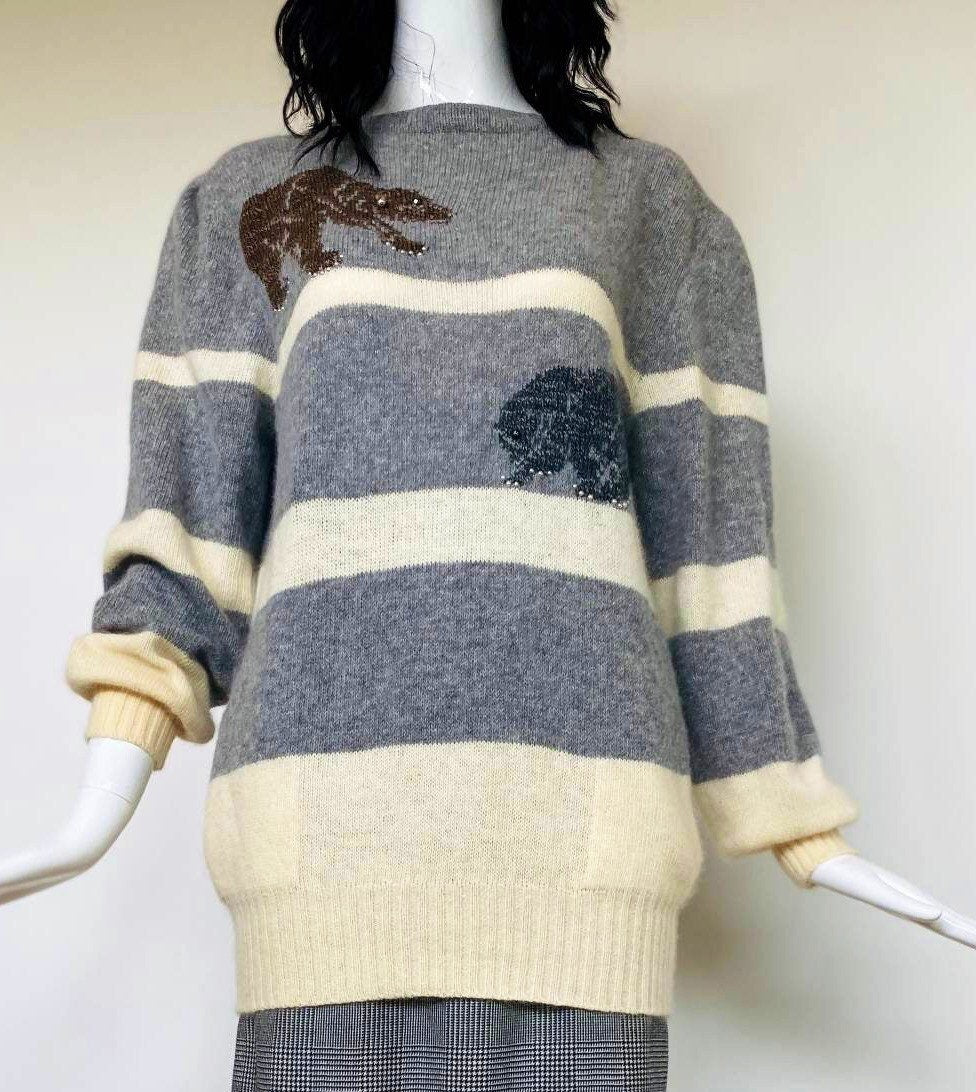 KRIZIA I.MAGNIN Puffy Sleeves Angora Sweater 80s Animal Embellished Bear