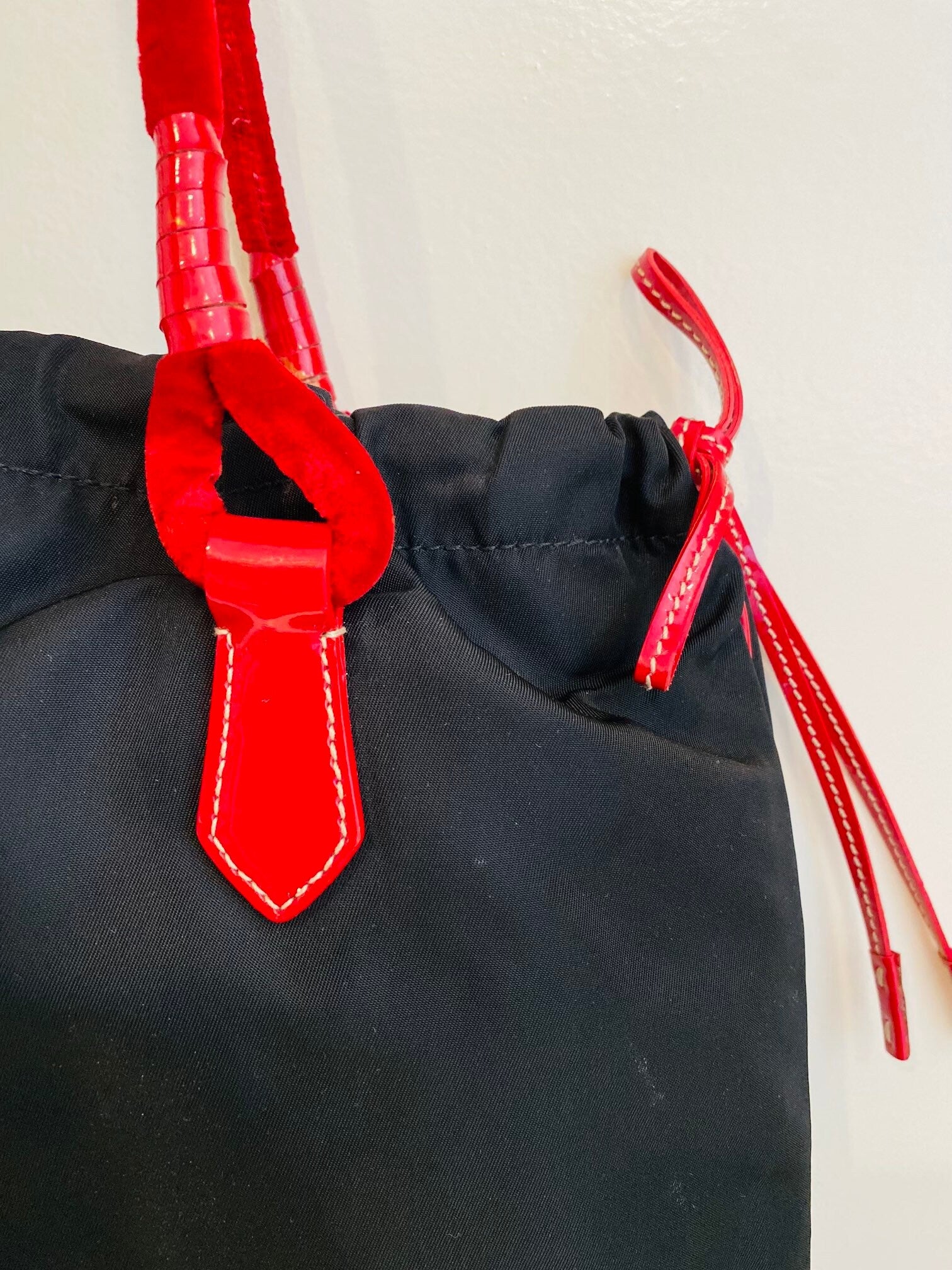 Y2K PRADA Red Velvet Patent Leather Trimmed Nylon Tote