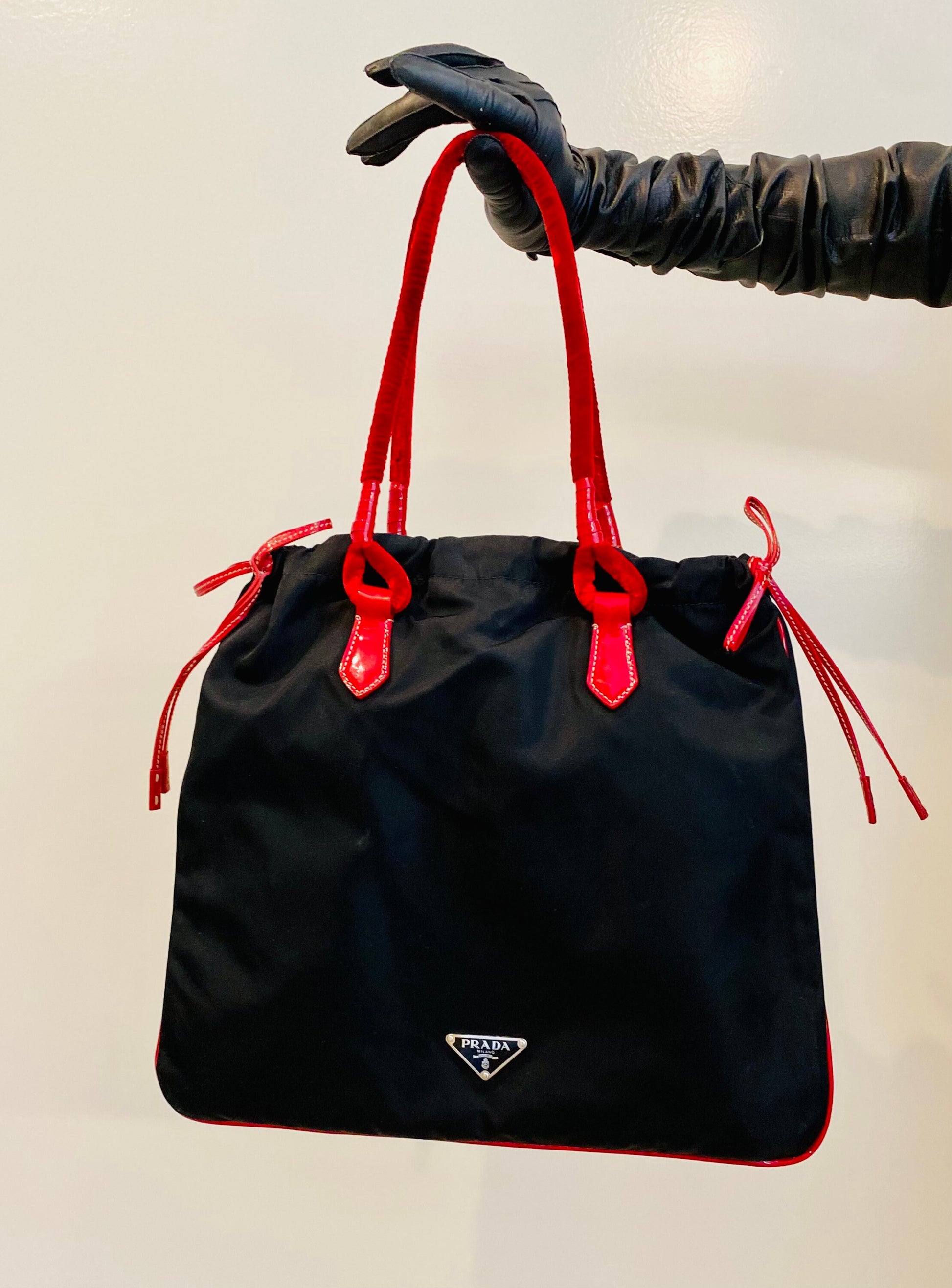 Y2K PRADA Red Velvet Patent Leather Trimmed Nylon Tote