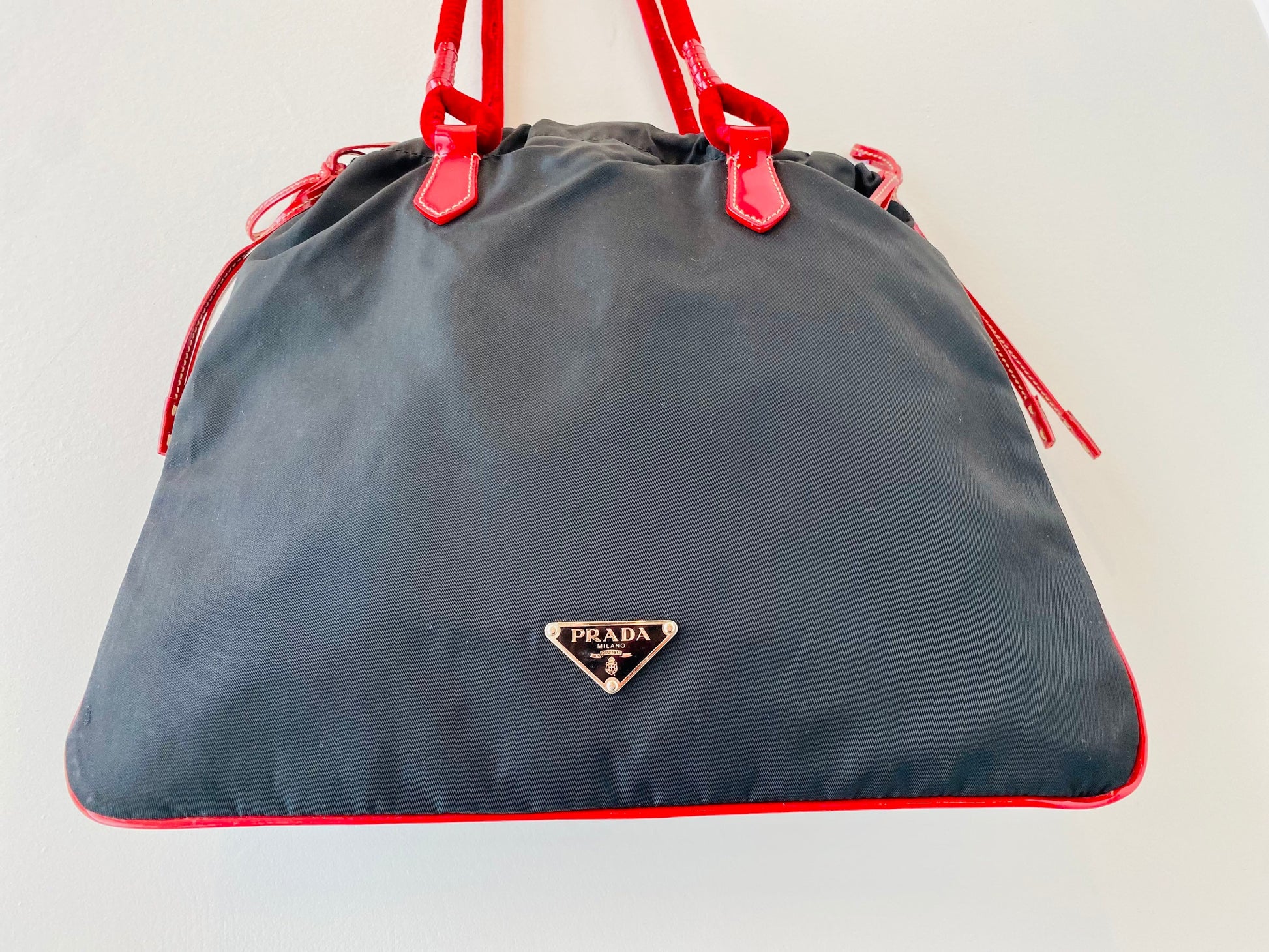 Y2K PRADA Red Velvet Patent Leather Trimmed Nylon Tote