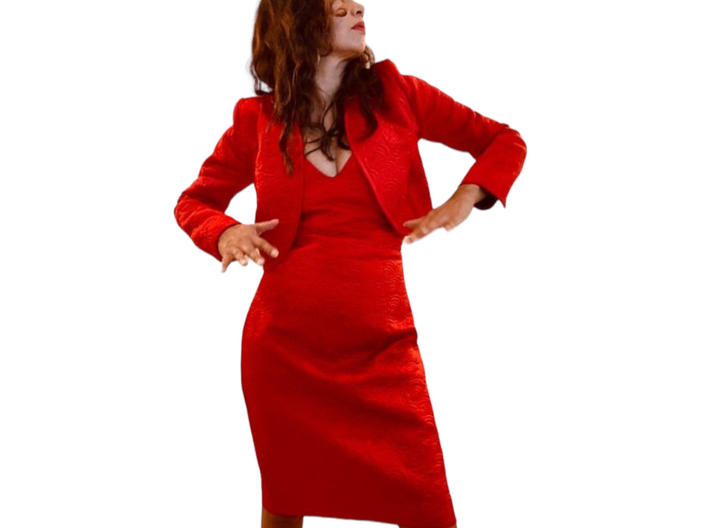 Victor Costa Sexy Red Satin Quilted Embroidered Strapless Cocktail Dress with Cropped Bolero Jacket Medium