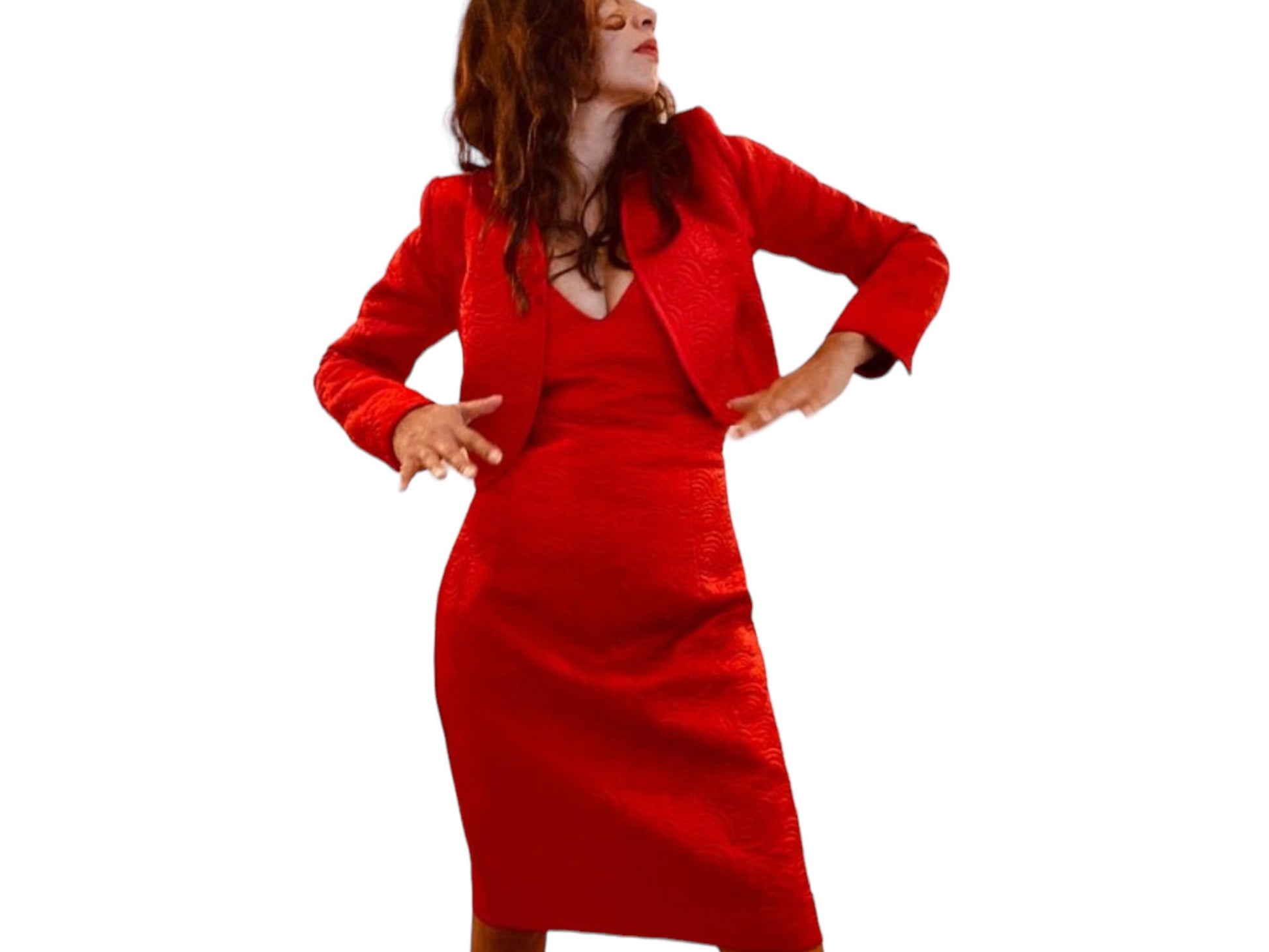 Victor Costa Sexy Red Satin Quilted Embroidered Strapless Cocktail Dress with Cropped Bolero Jacket Medium