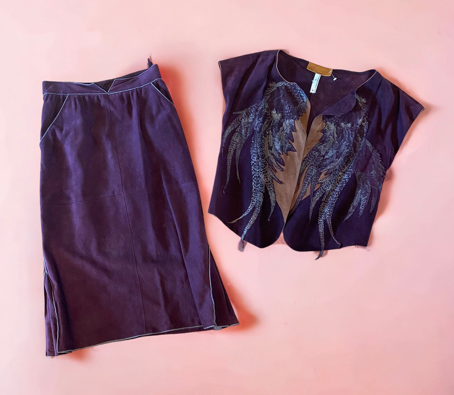 70s Roberto CAVALLI Suede Feather Application Vest and Skirt Ensemble As Seen At The Met