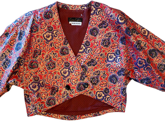 80s Carlos Falchi For Neiman Marcus Oversized Shoulders Cropped Printed Leather Jacket