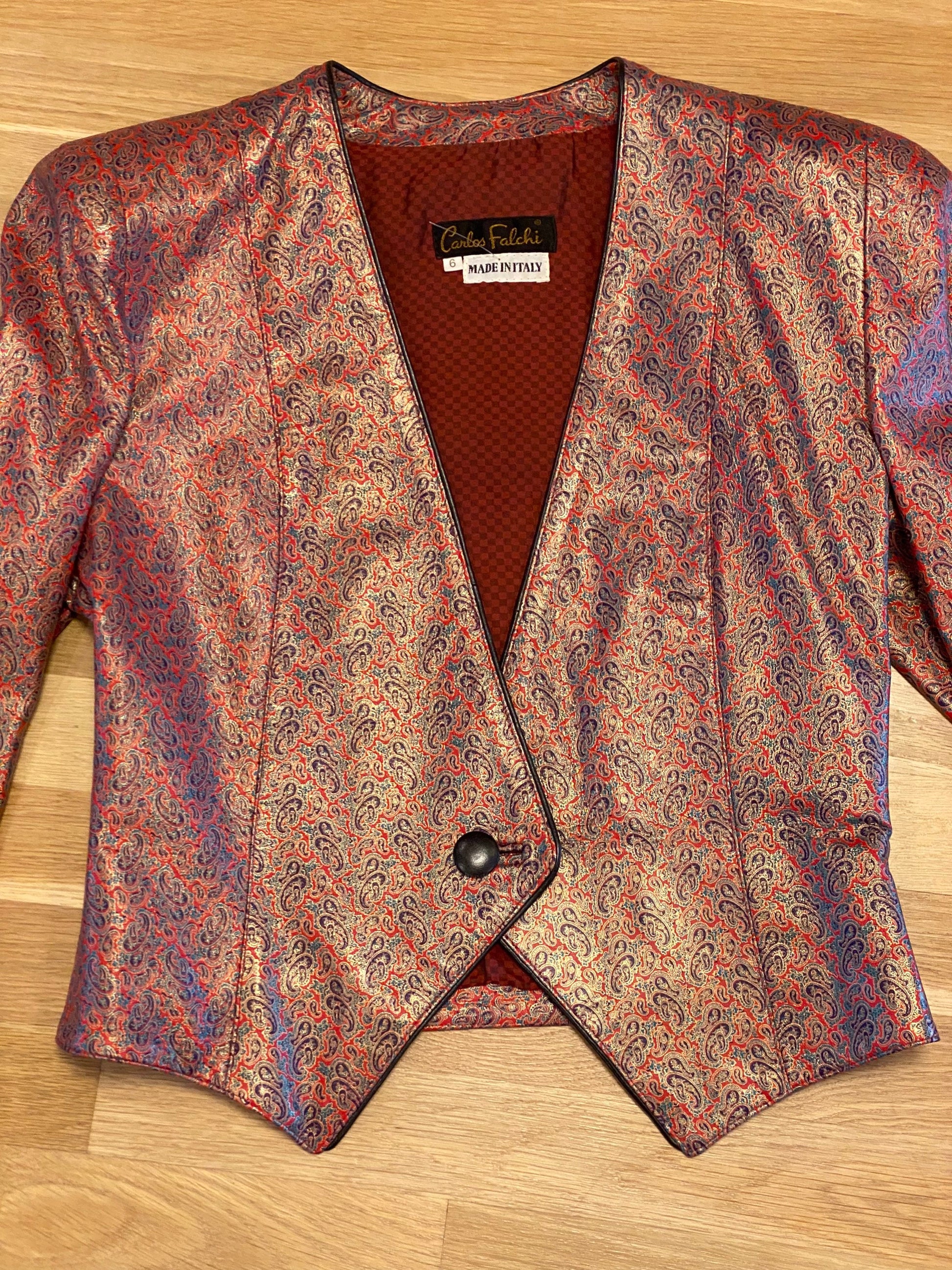 80s Carlos FALCHI for Neiman Marcus Leather Paisley Printed Cropped Jacket