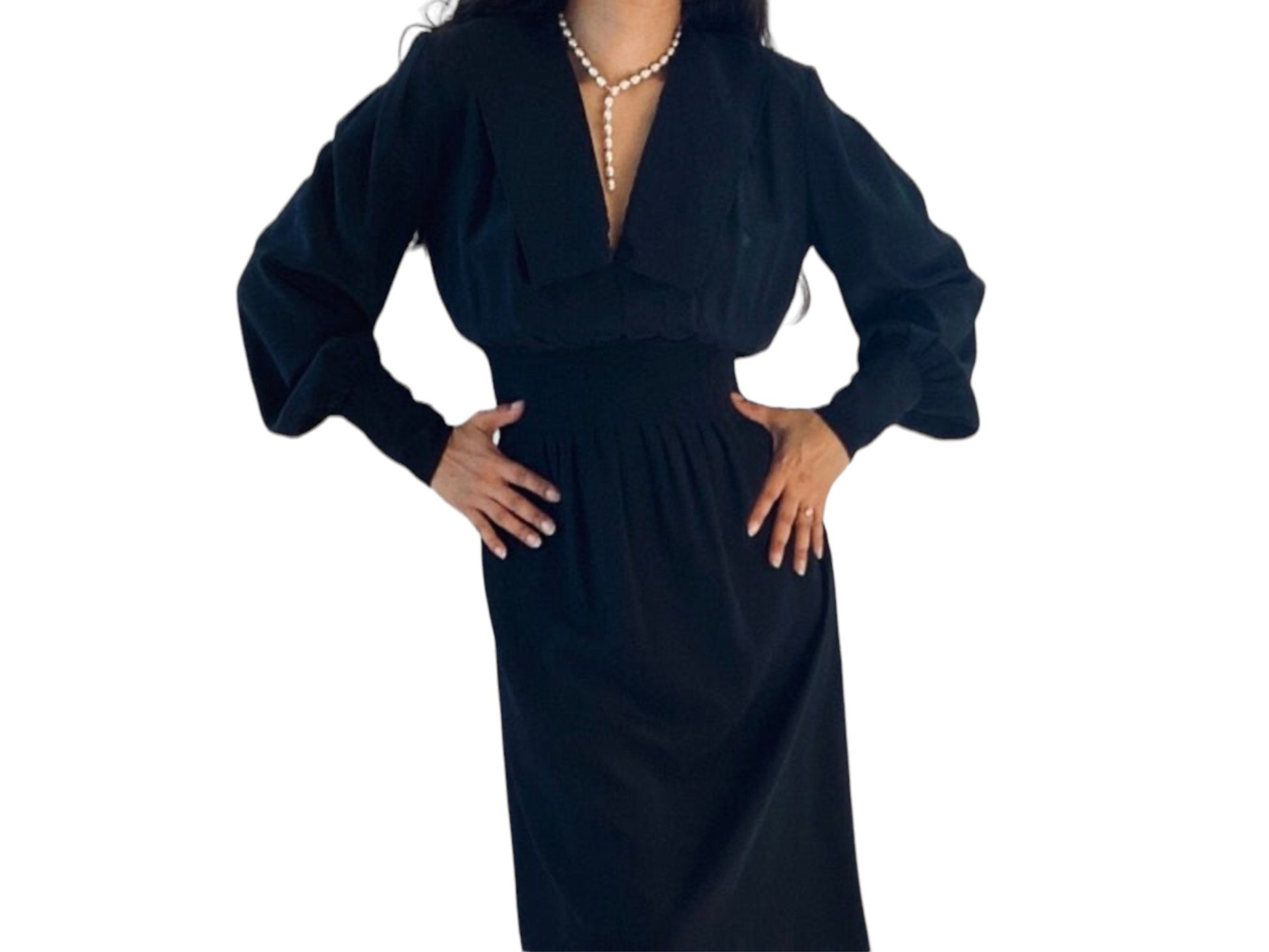 Pauline Trigere Silk LBD Corset Waist Dramatic Collar Balloon Sleeves Midi Dress