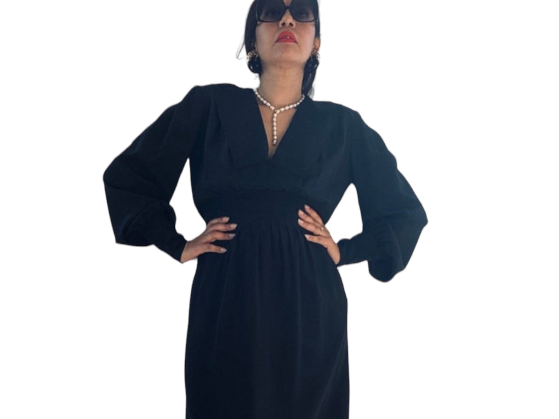 Pauline Trigere Silk LBD Corset Waist Dramatic Collar Balloon Sleeves Midi Dress