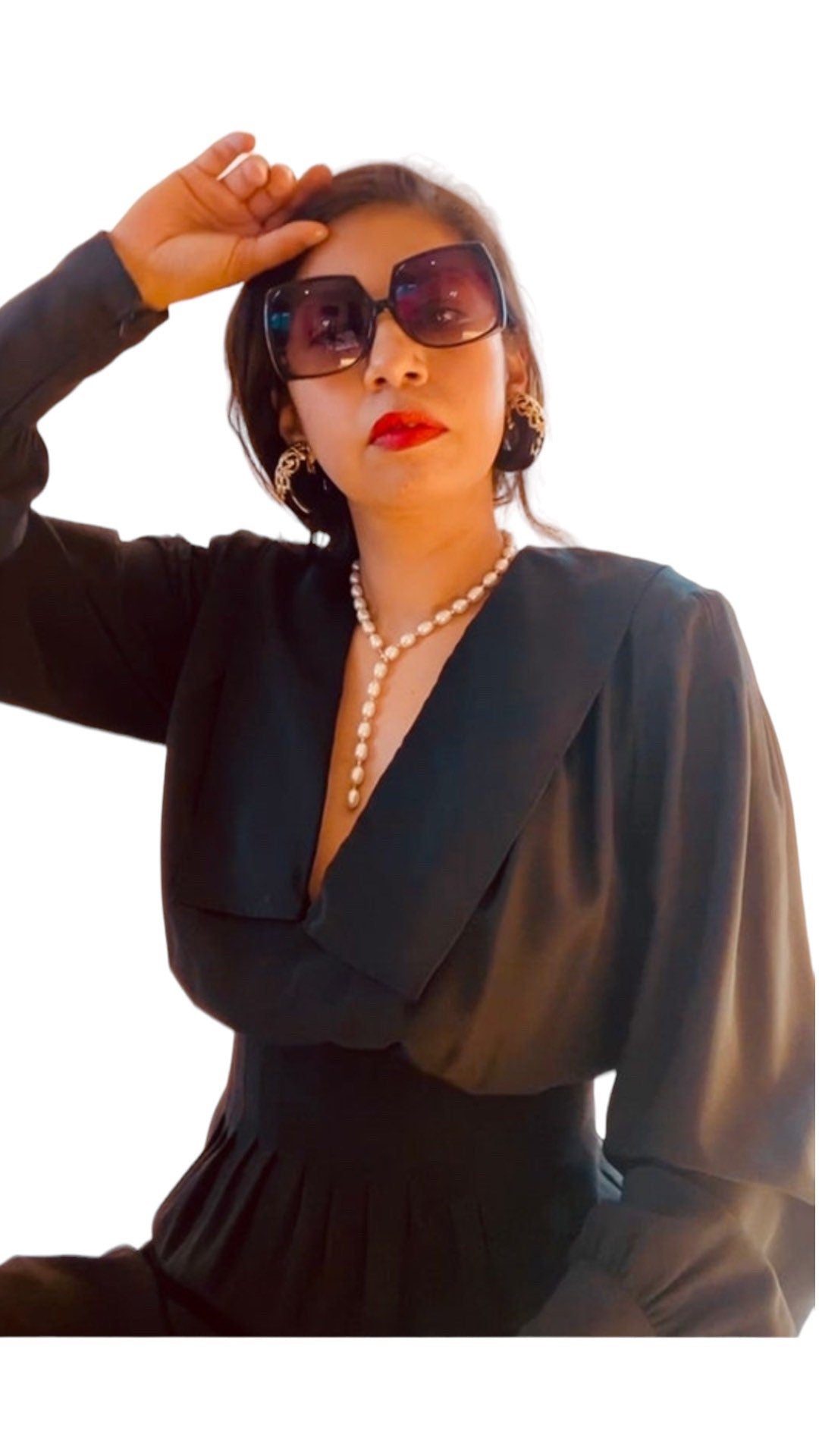 Pauline Trigere Silk LBD Corset Waist Dramatic Collar Balloon Sleeves Midi Dress