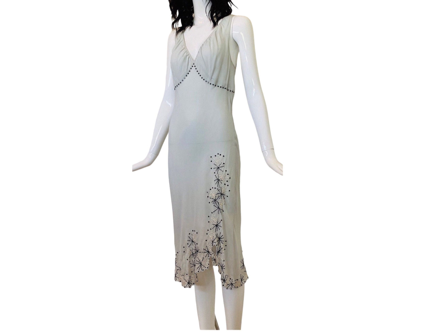 90s Catherine MELANDRINO Grey Silk Bias Embroidered Midi Dress