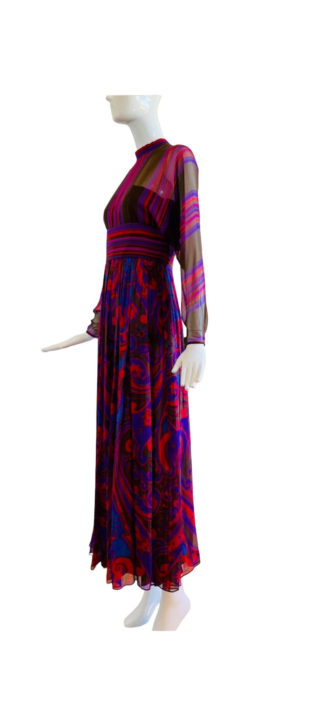 60s Mollie PARNIS Silk Paisley Chiffon Pleated Maxi Dress