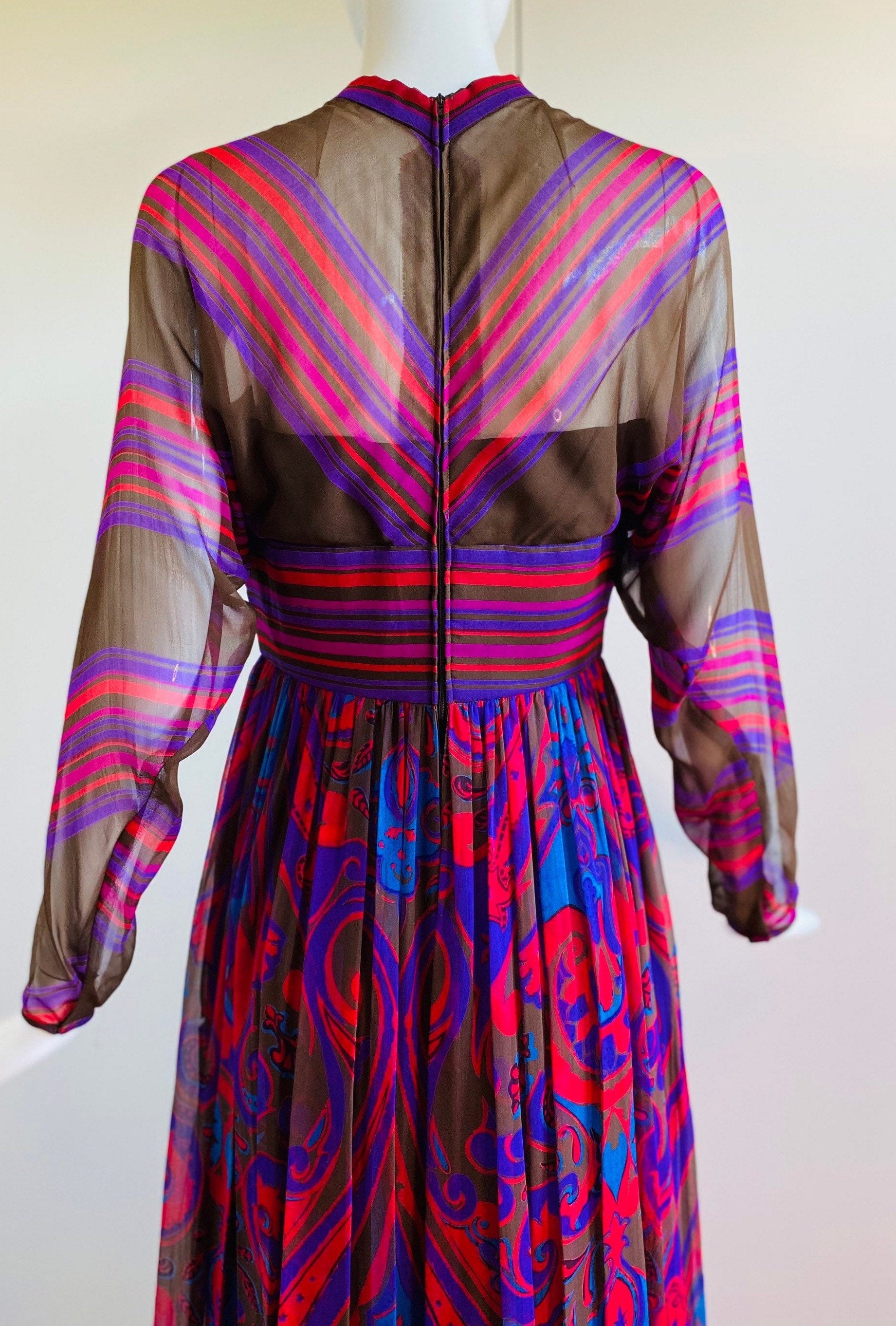 60s Mollie PARNIS Silk Paisley Chiffon Pleated Maxi Dress