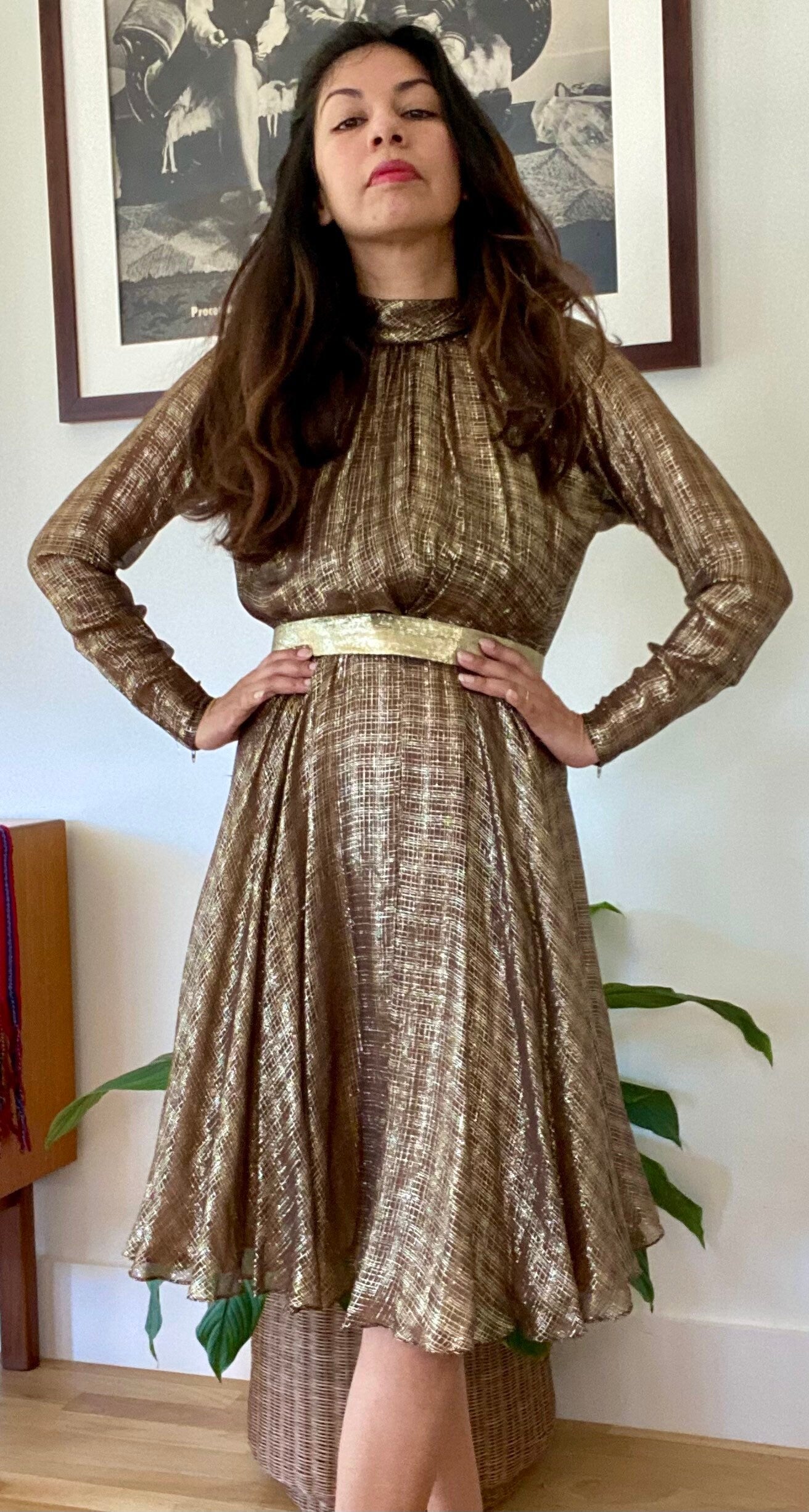Pauline Trigere Silk Bronze Gold Lame Above the Knee Dress and Belt Ensemble