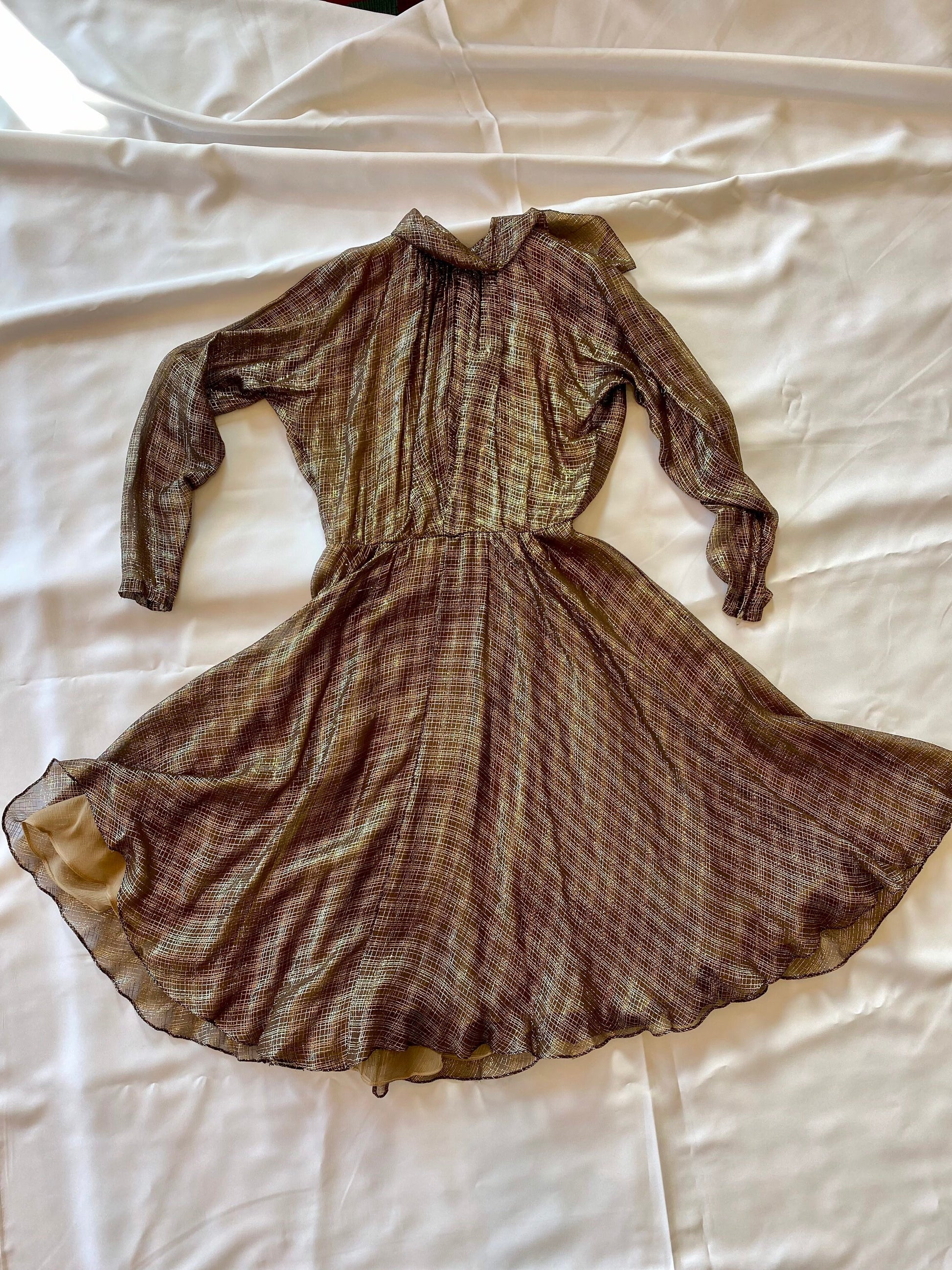 Pauline Trigere Silk Bronze Gold Lame Above the Knee Dress and Belt Ensemble