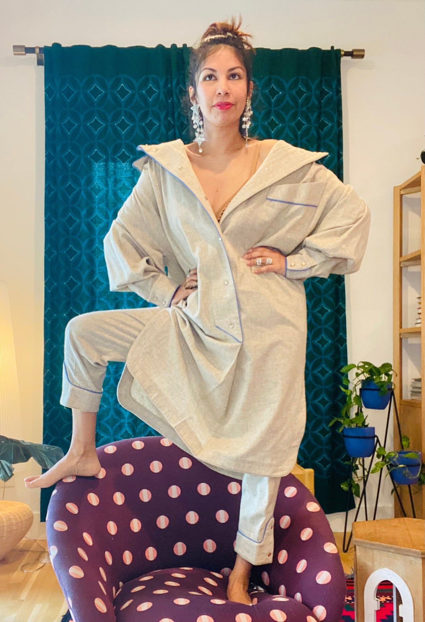 80s Thierry Mugler Ivory Wool Hooded Tunic and Trousers Ensemble RARE