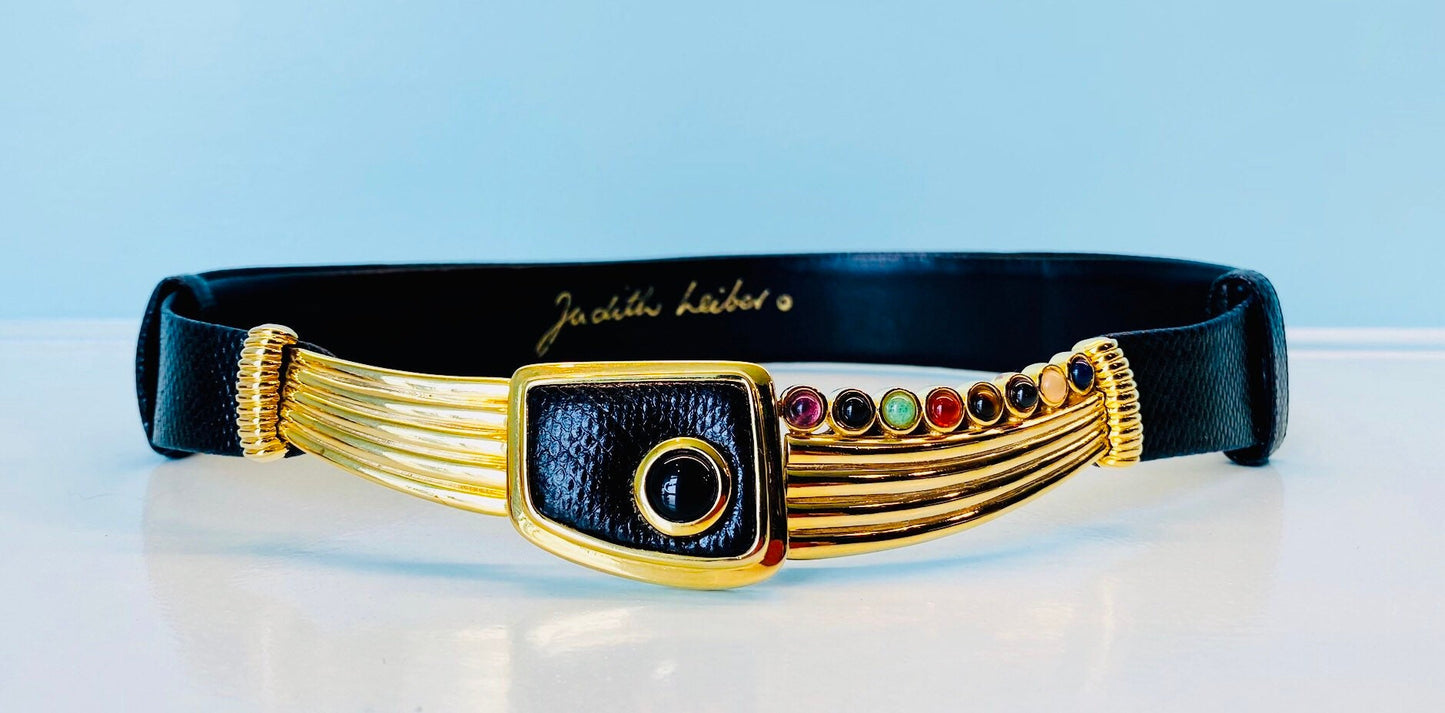 Judith Leiber Black Lizard Multi Stone Gold Plated Cabochon Buckle Adjustable Belt