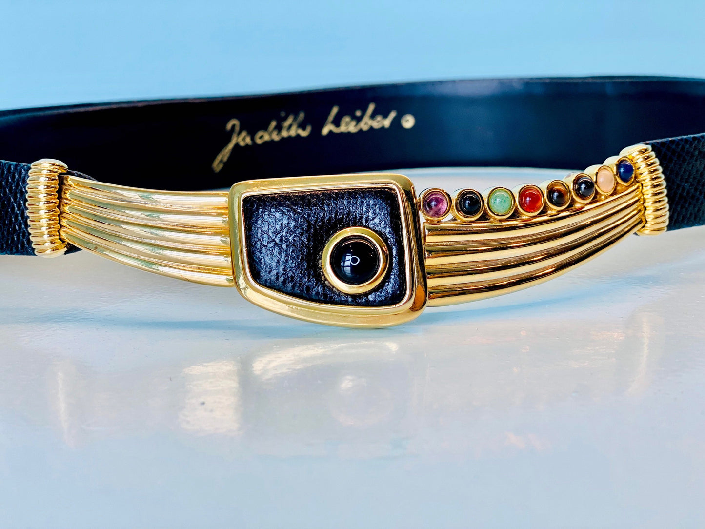 Judith Leiber Black Lizard Multi Stone Gold Plated Cabochon Buckle Adjustable Belt