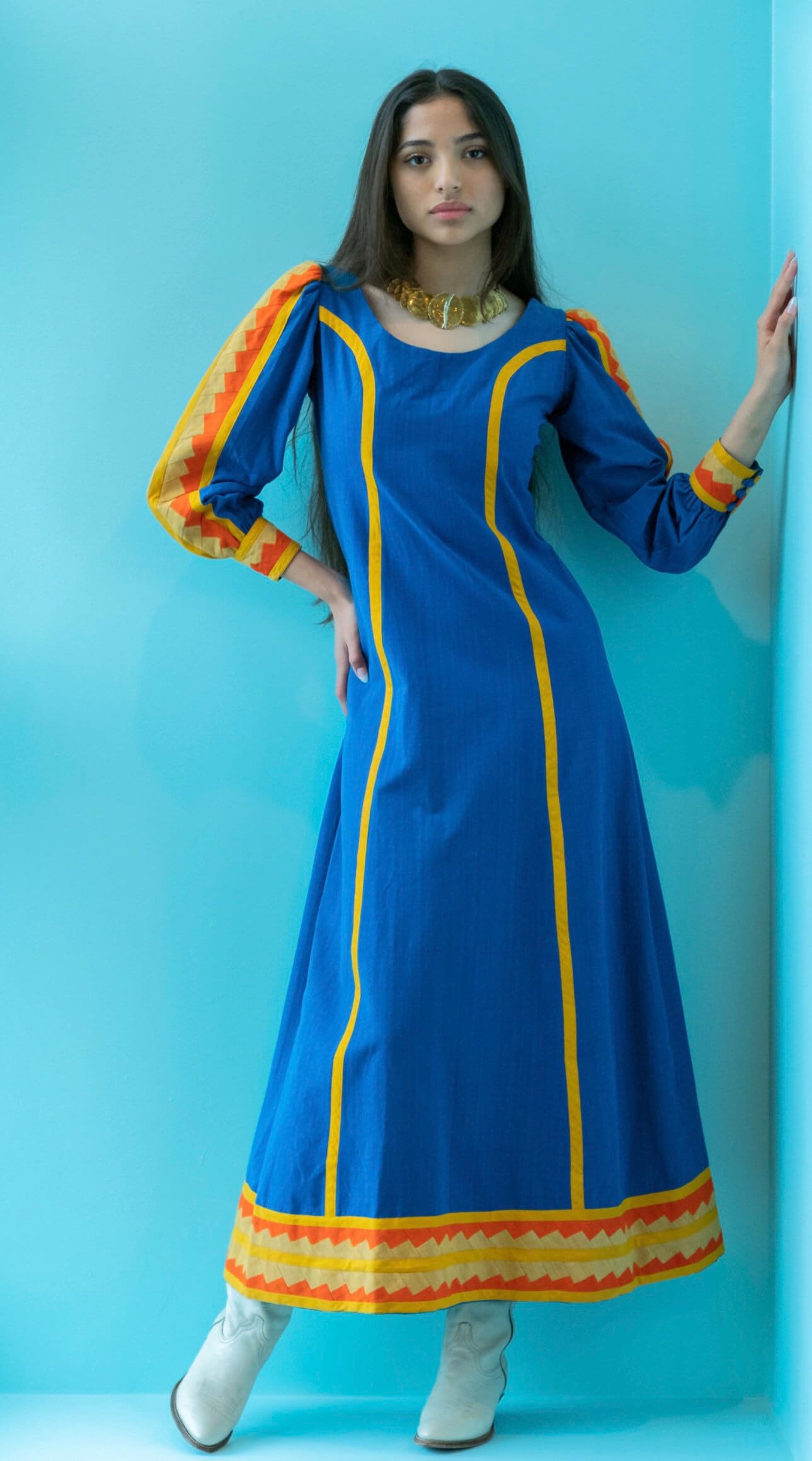 Small 70s Mexican Designer Josefa Blue Embroidered Cotton Kaftan Maxi Dress