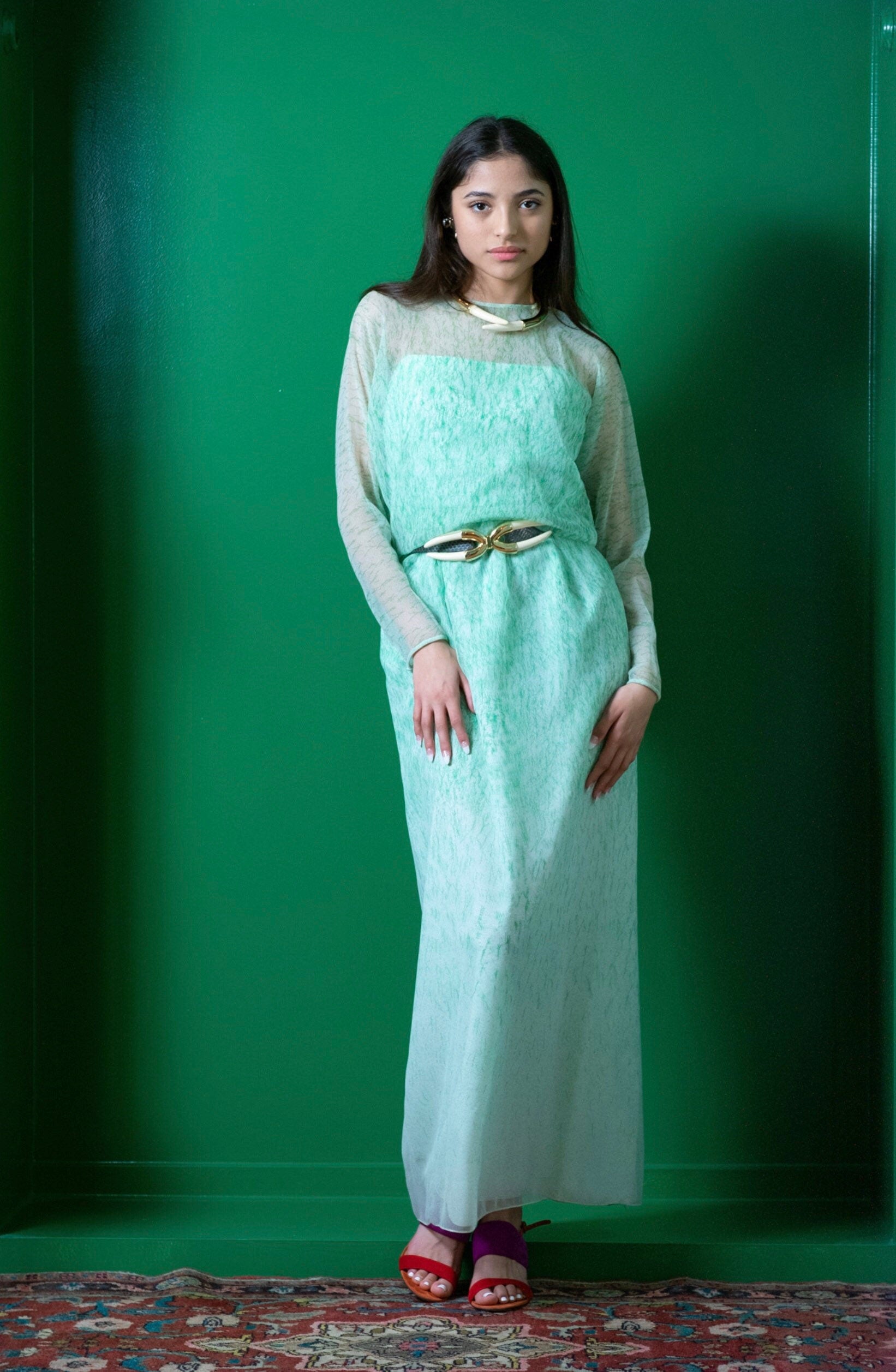 Small 70s Neiman Marcus Shannon Rogers for Jerry Silverman White and Green Maxi Dress with Chiffon Long Sleeves Overlay