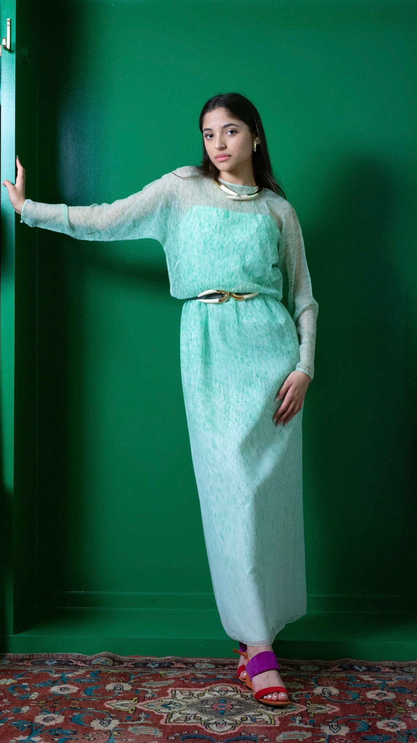 Small 70s Neiman Marcus Shannon Rogers for Jerry Silverman White and Green Maxi Dress with Chiffon Long Sleeves Overlay
