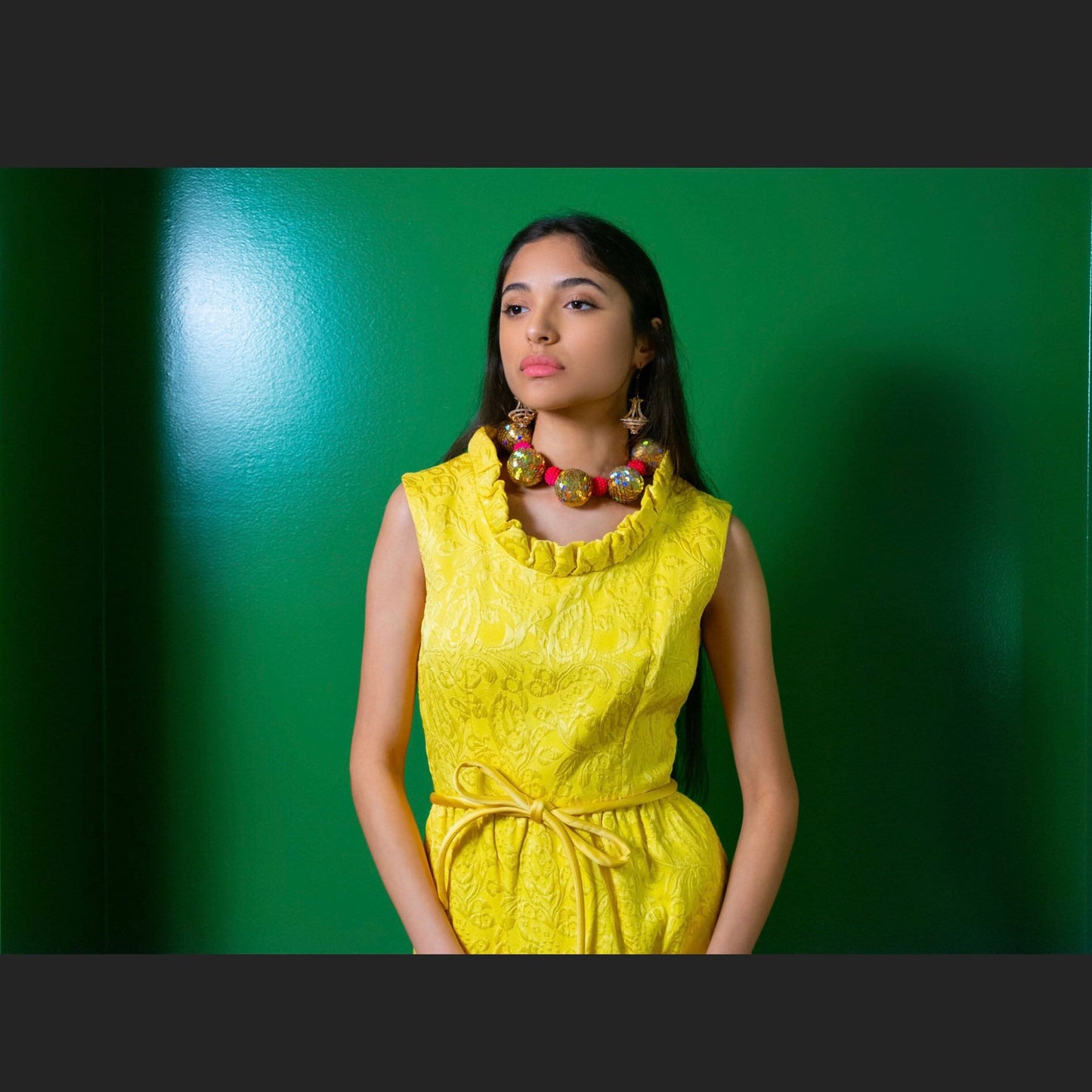 60s Yellow Silk Blend Brocade Damask Jacquard Sleeveless Column High Ruffle Neck Pockets Sash