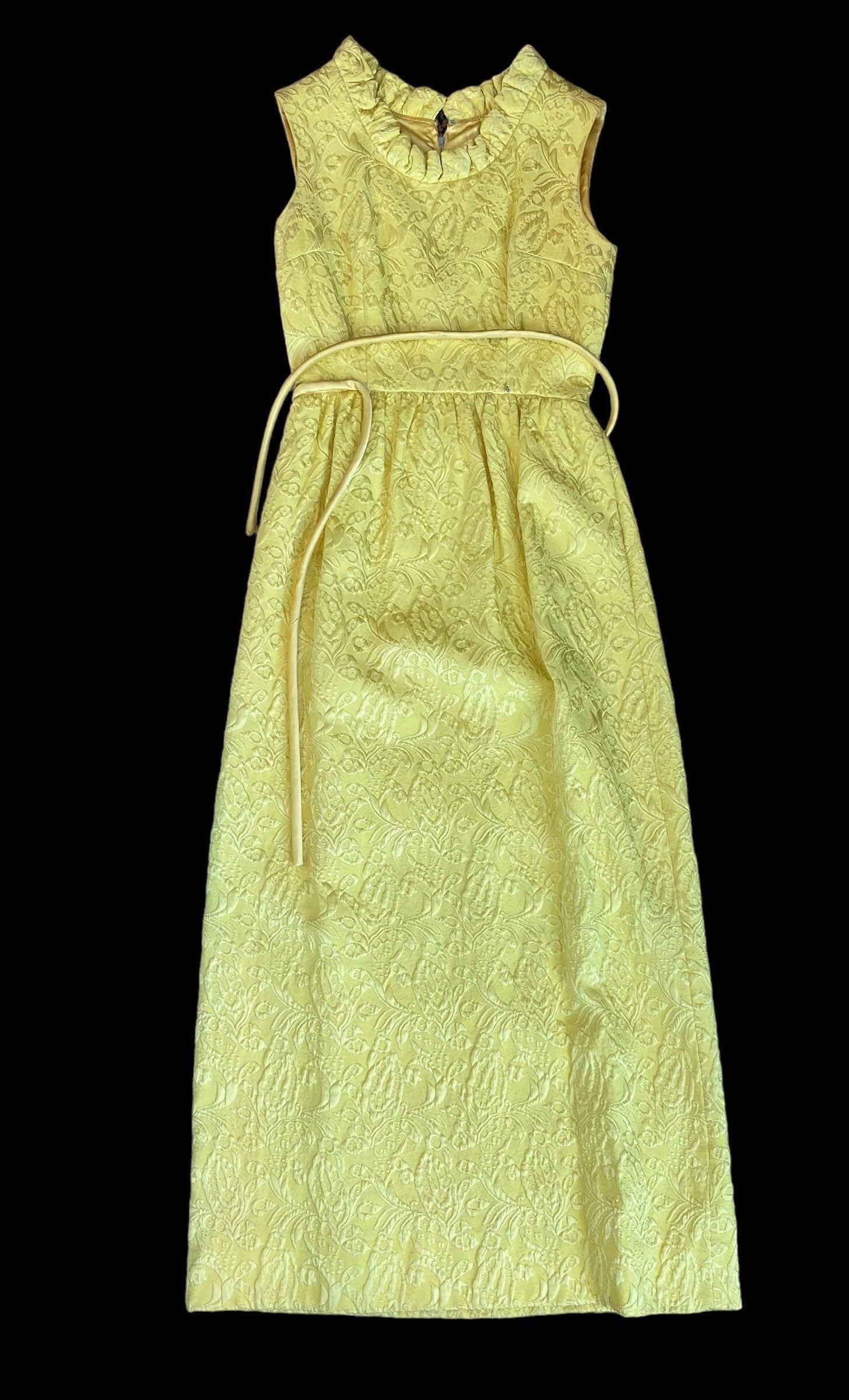 60s Yellow Silk Blend Brocade Damask Jacquard Sleeveless Column High Ruffle Neck Pockets Sash