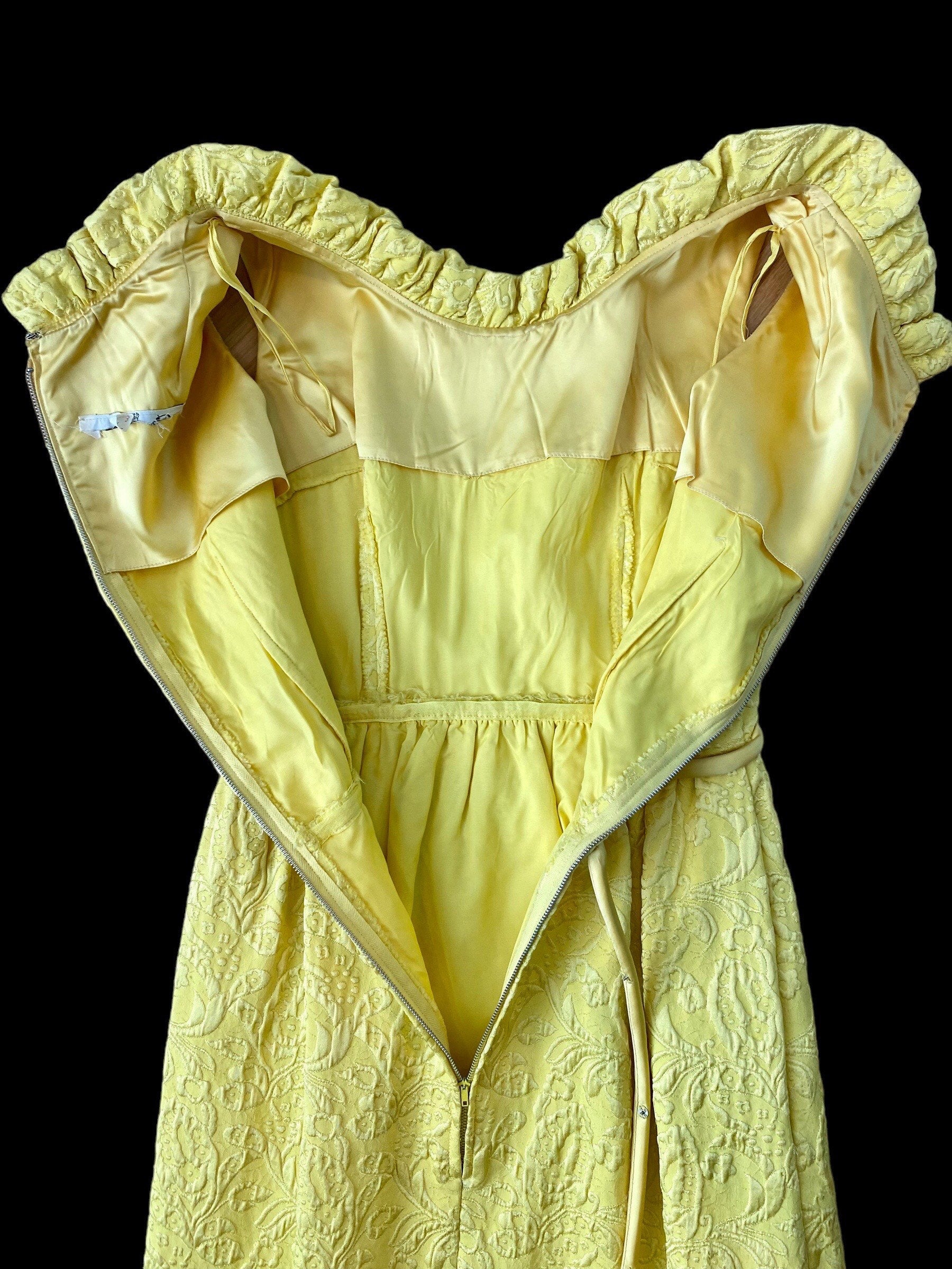 60s Yellow Silk Blend Brocade Damask Jacquard Sleeveless Column High Ruffle Neck Pockets Sash