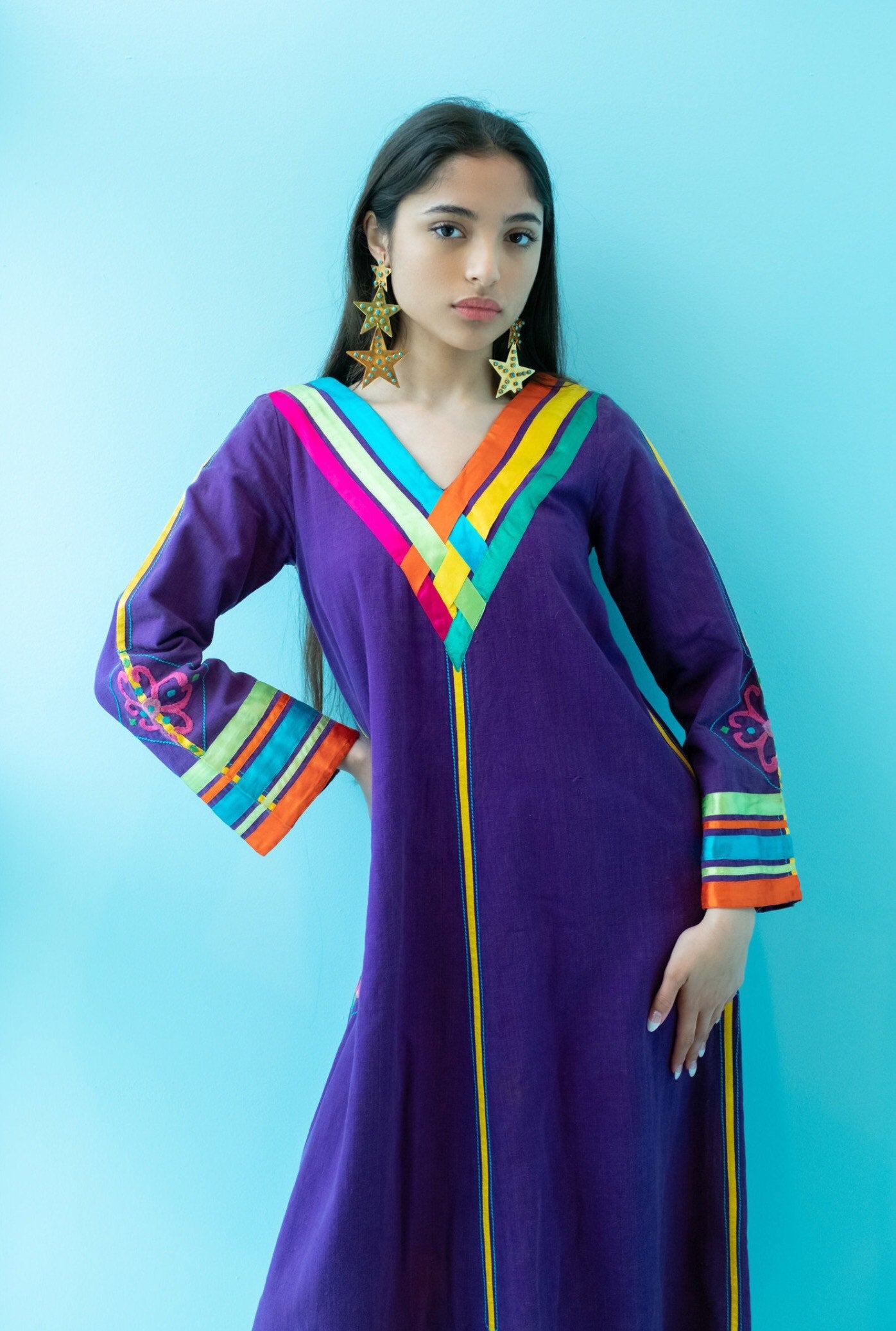 70s JOSEFA Bell Sleeves Organic Cotton Ribbon Embroidered Maxi