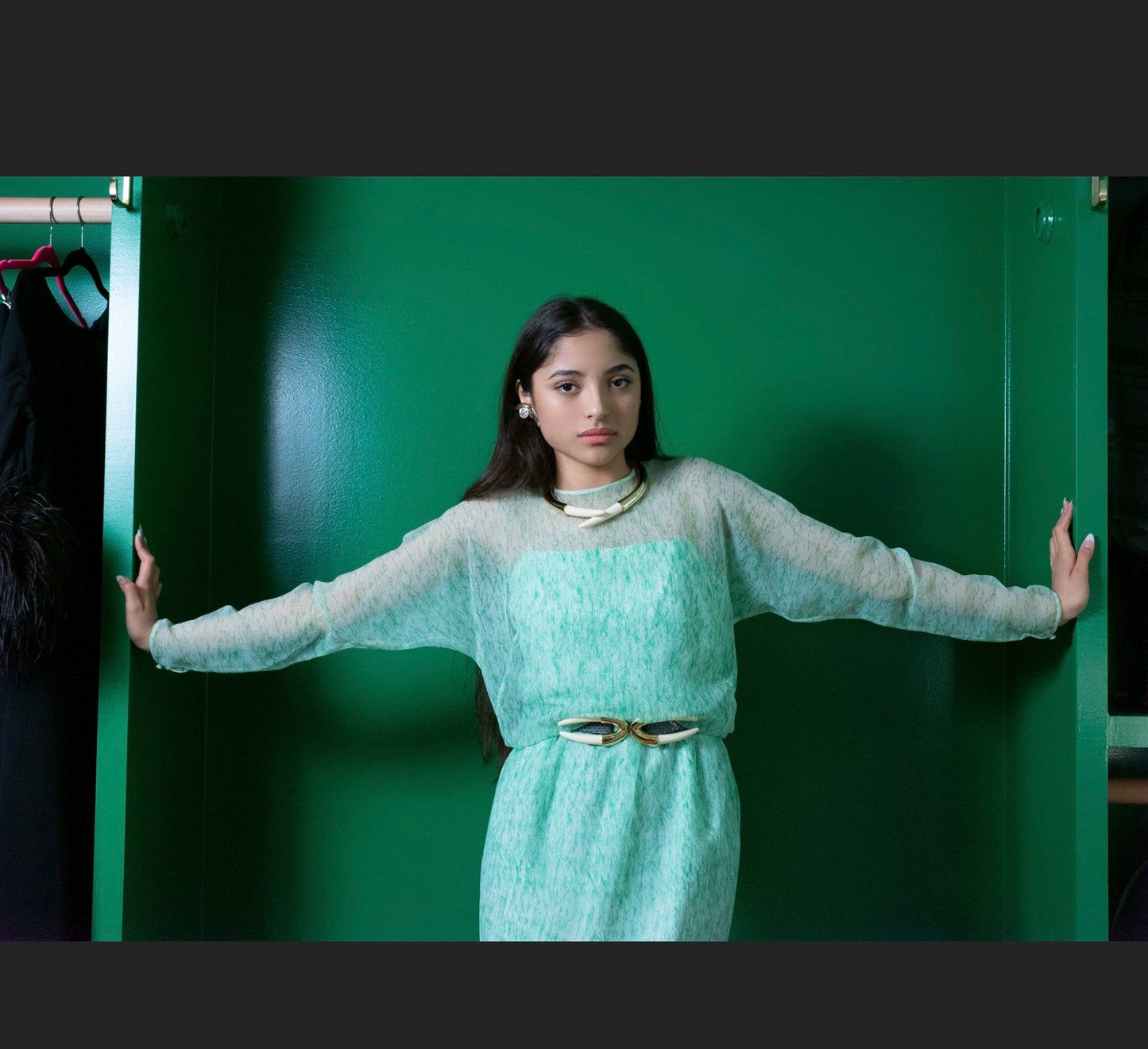 Small 70s Neiman Marcus Shannon Rogers for Jerry Silverman White and Green Maxi Dress with Chiffon Long Sleeves Overlay