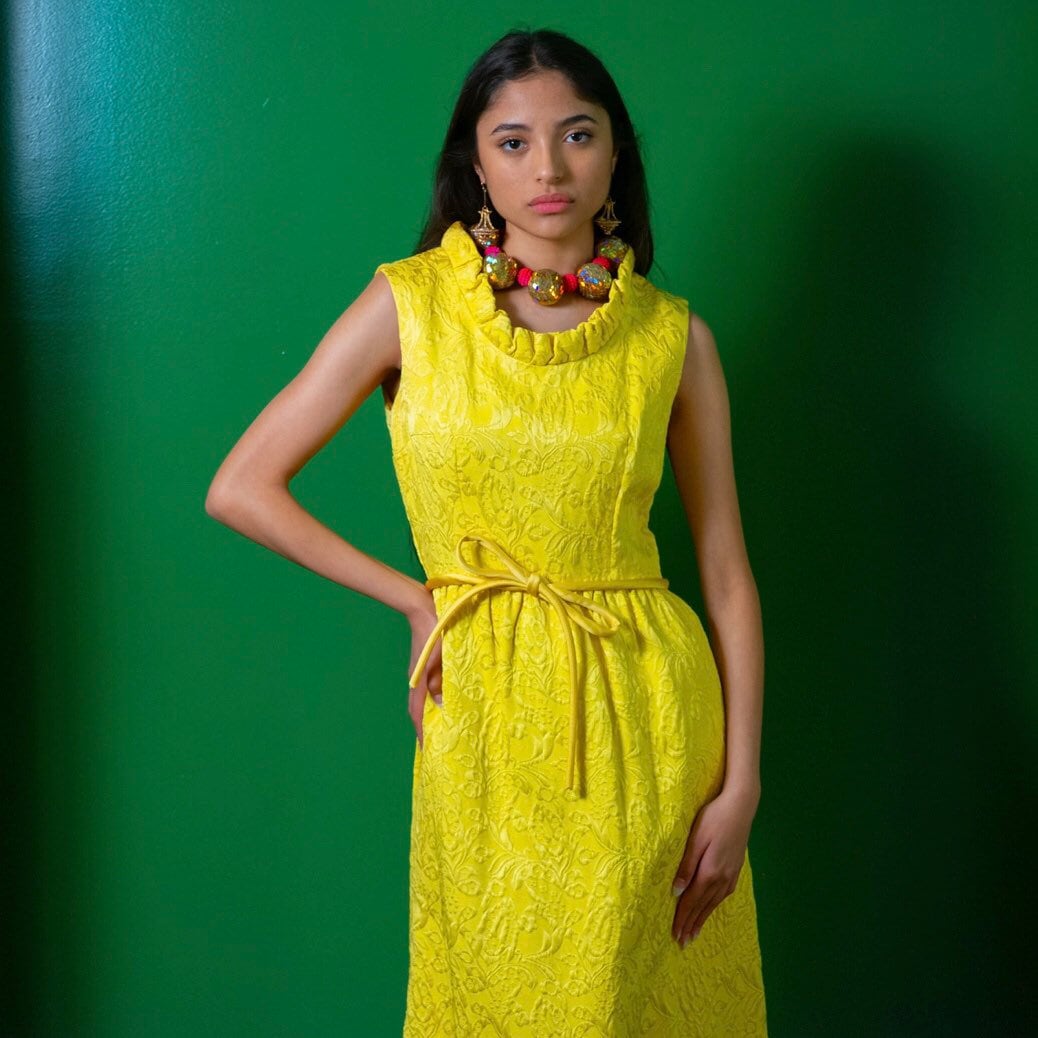 60s Yellow Silk Blend Brocade Damask Jacquard Sleeveless Column High Ruffle Neck Pockets Sash
