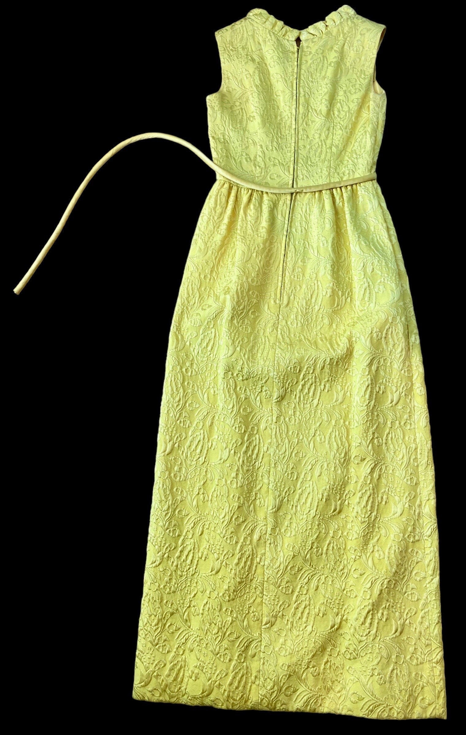 60s Yellow Silk Blend Brocade Damask Jacquard Sleeveless Column High Ruffle Neck Pockets Sash