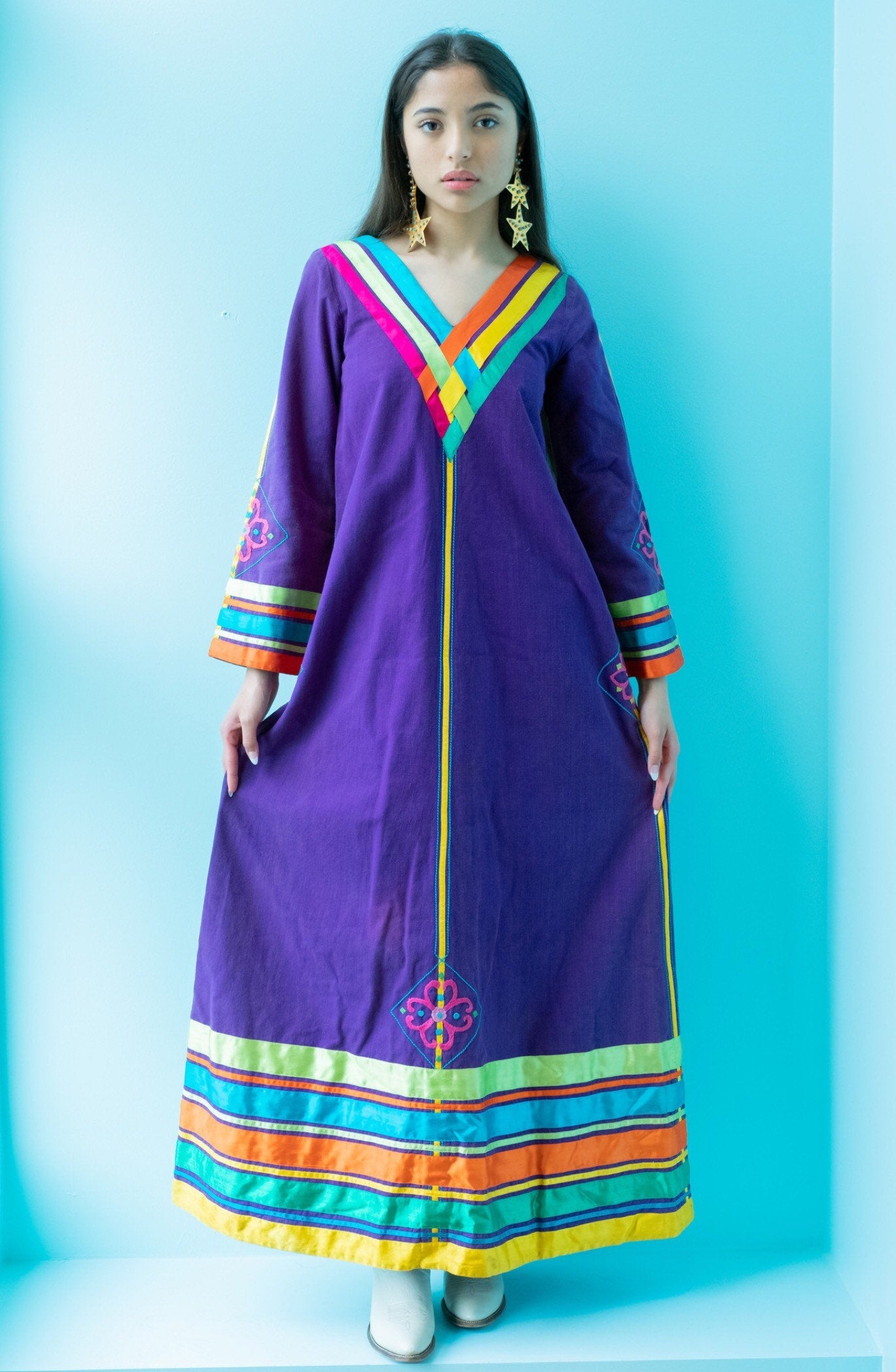 70s JOSEFA Bell Sleeves Organic Cotton Ribbon Embroidered Maxi