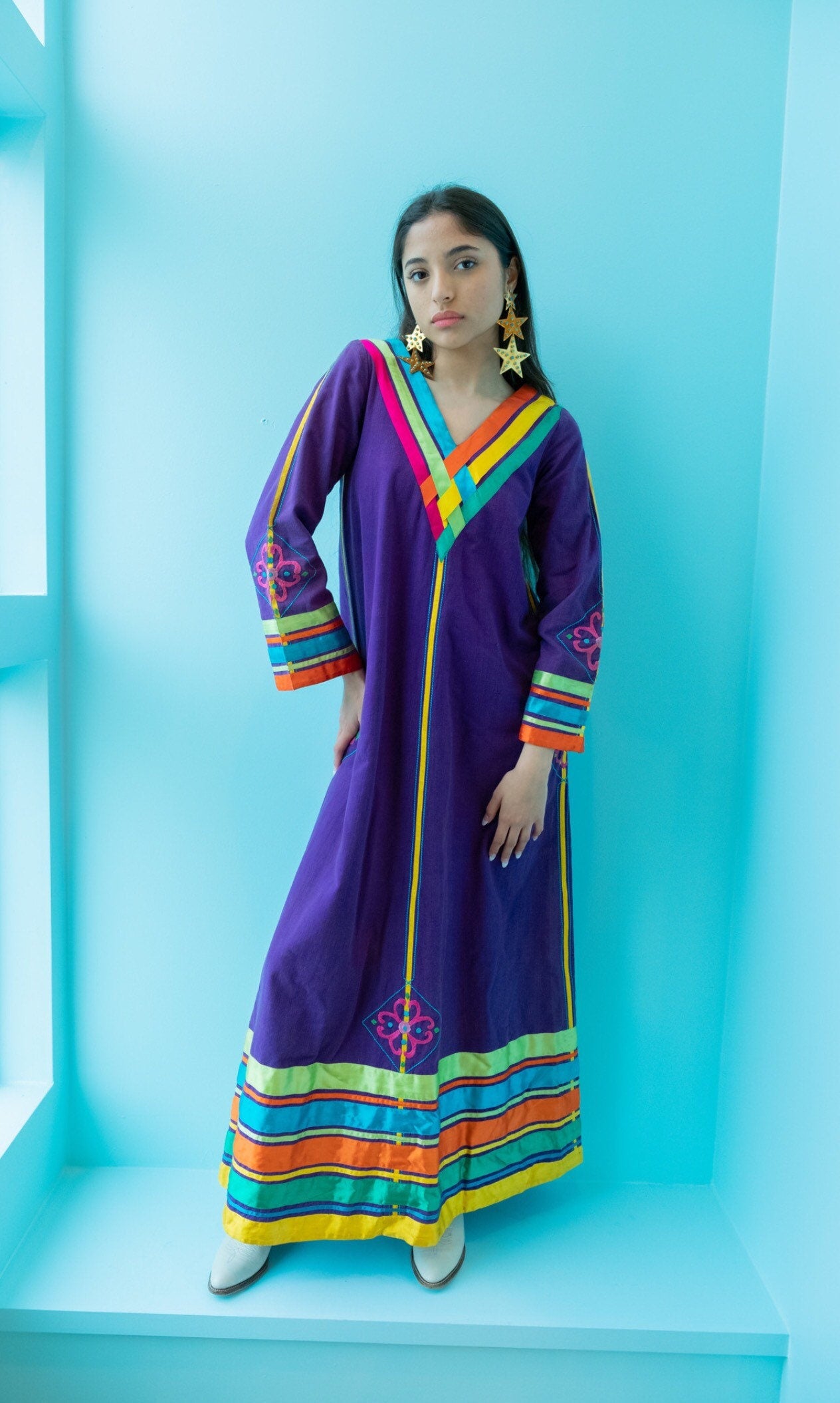 70s JOSEFA Bell Sleeves Organic Cotton Ribbon Embroidered Maxi