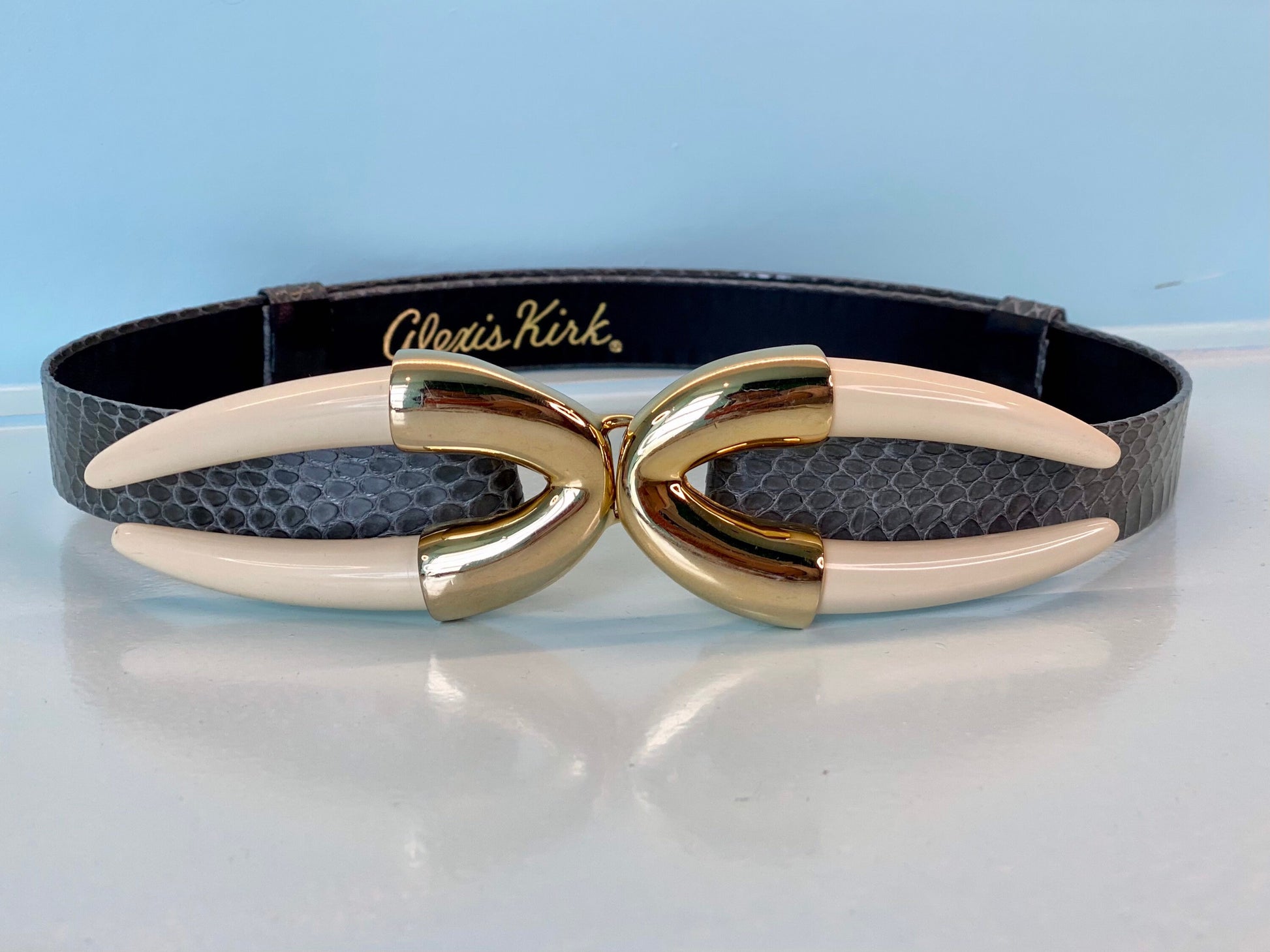 70s Alexis KIRK Faux Horn Gold Plated Buckle Snake Skin Adjustable Disco Belt