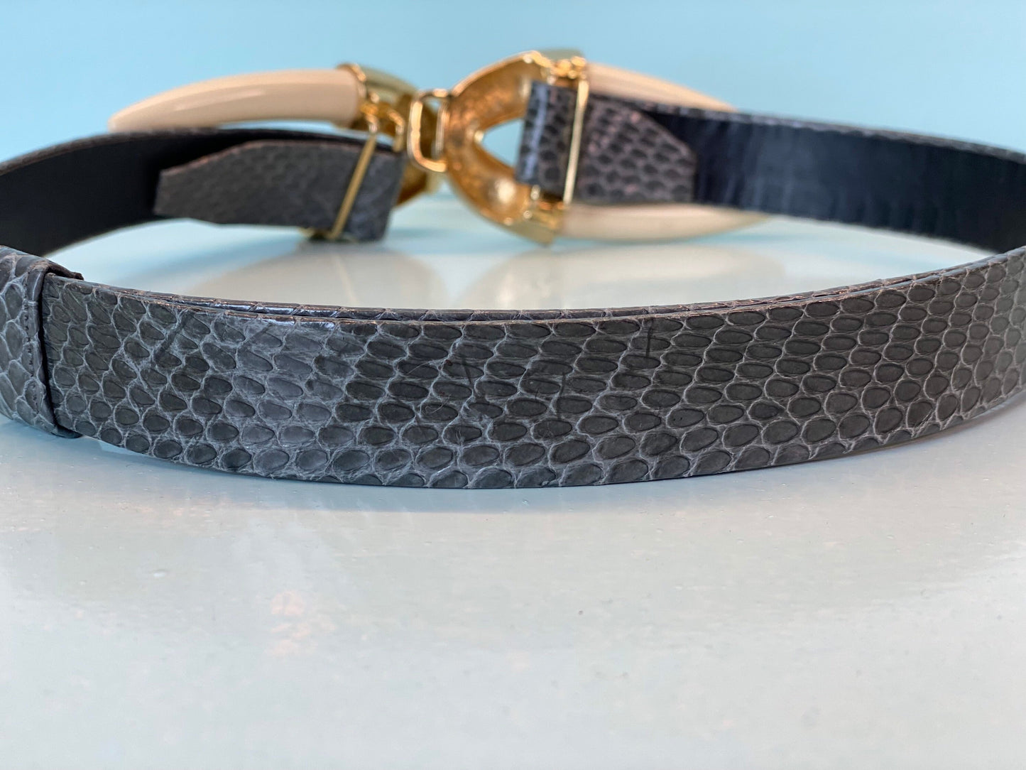 70s Alexis KIRK Faux Horn Gold Plated Buckle Snake Skin Adjustable Disco Belt