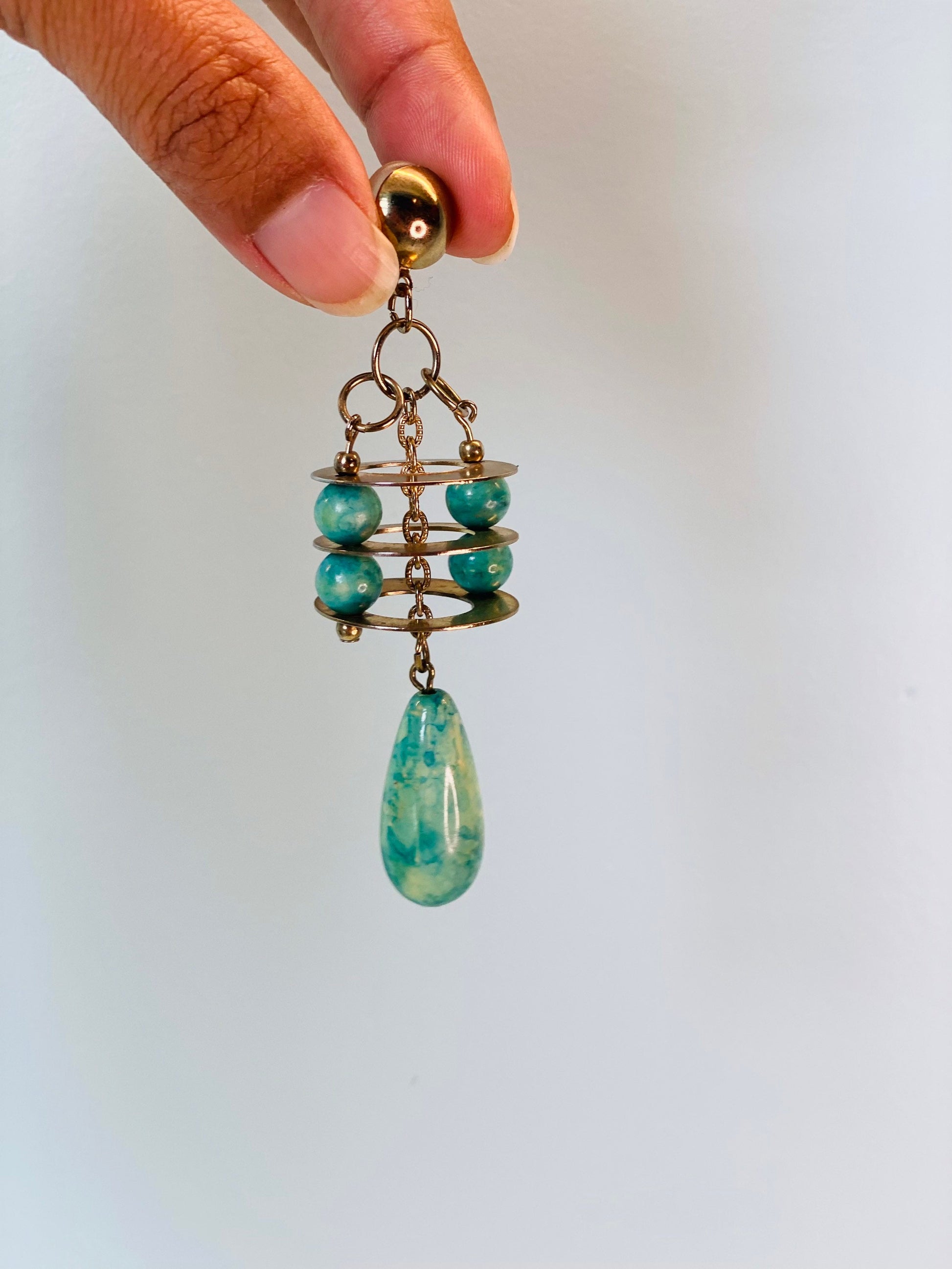 OOAK 60s 4” Faux Turquoise Silver Dangle Statement Artist Made Pierced Earrings