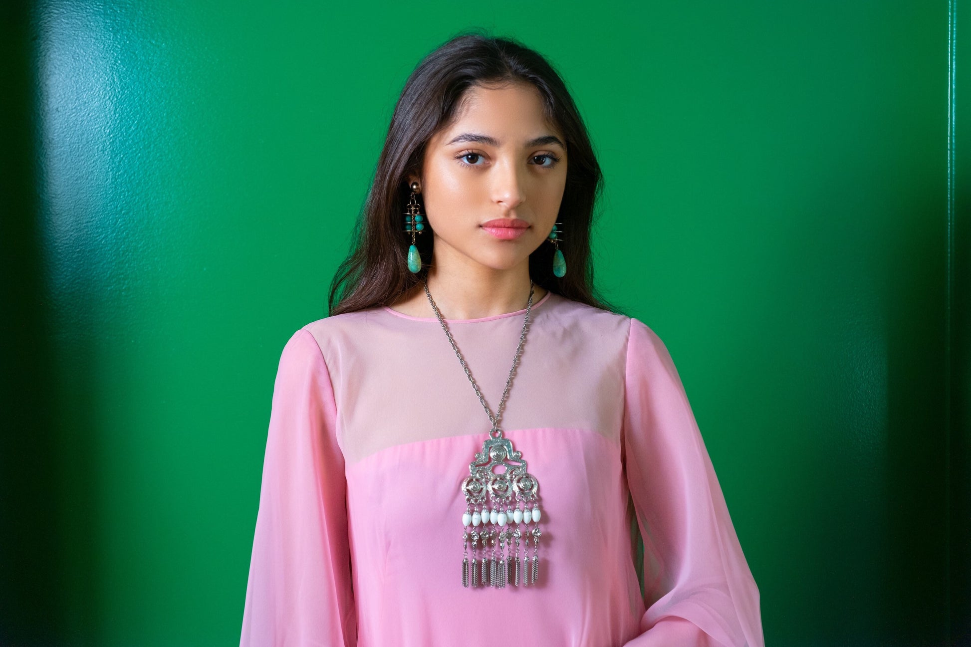 60s Silver Bohemian Egyptian Revival Statement Pendant Necklace