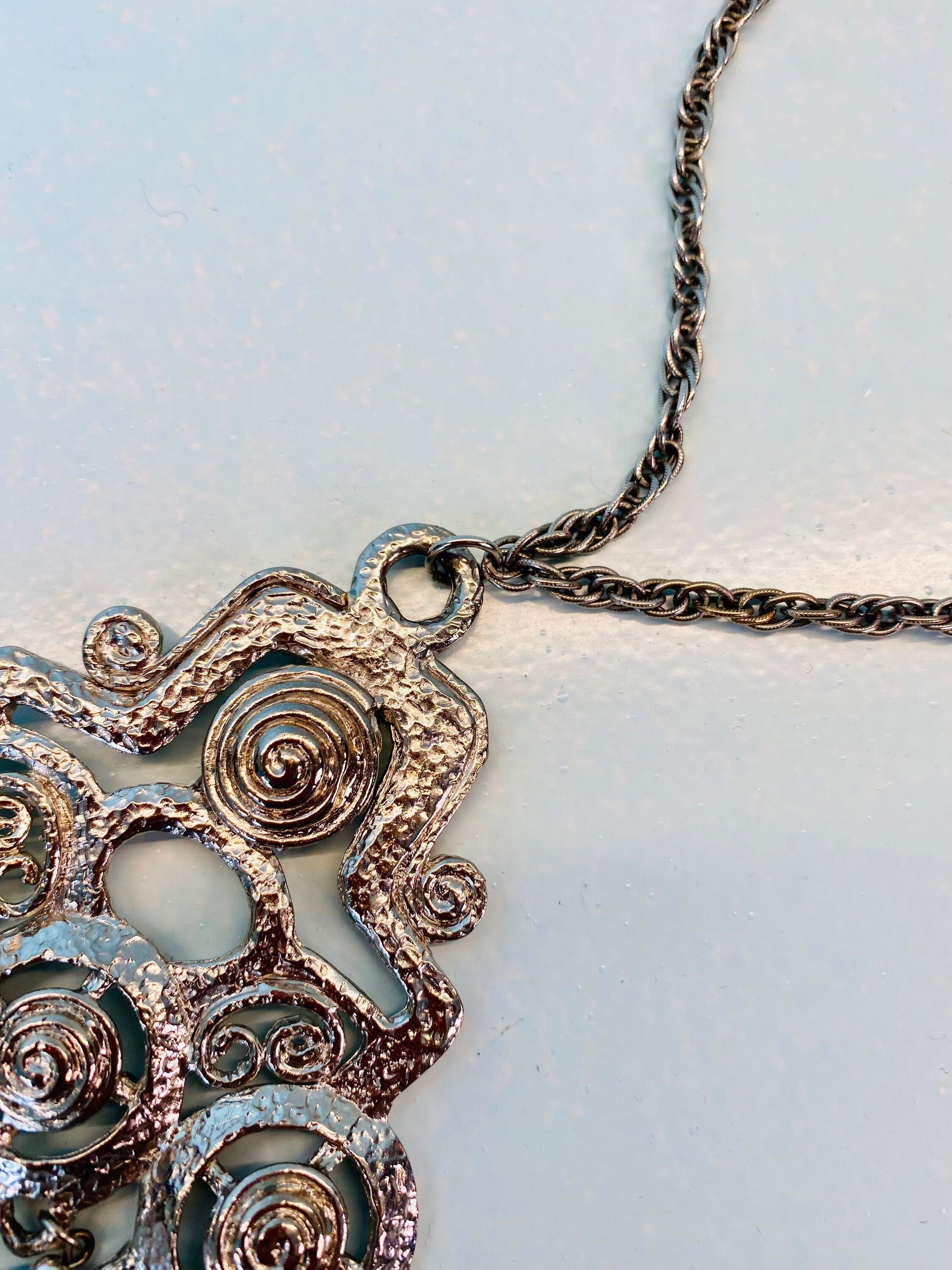 60s Silver Bohemian Egyptian Revival Statement Pendant Necklace