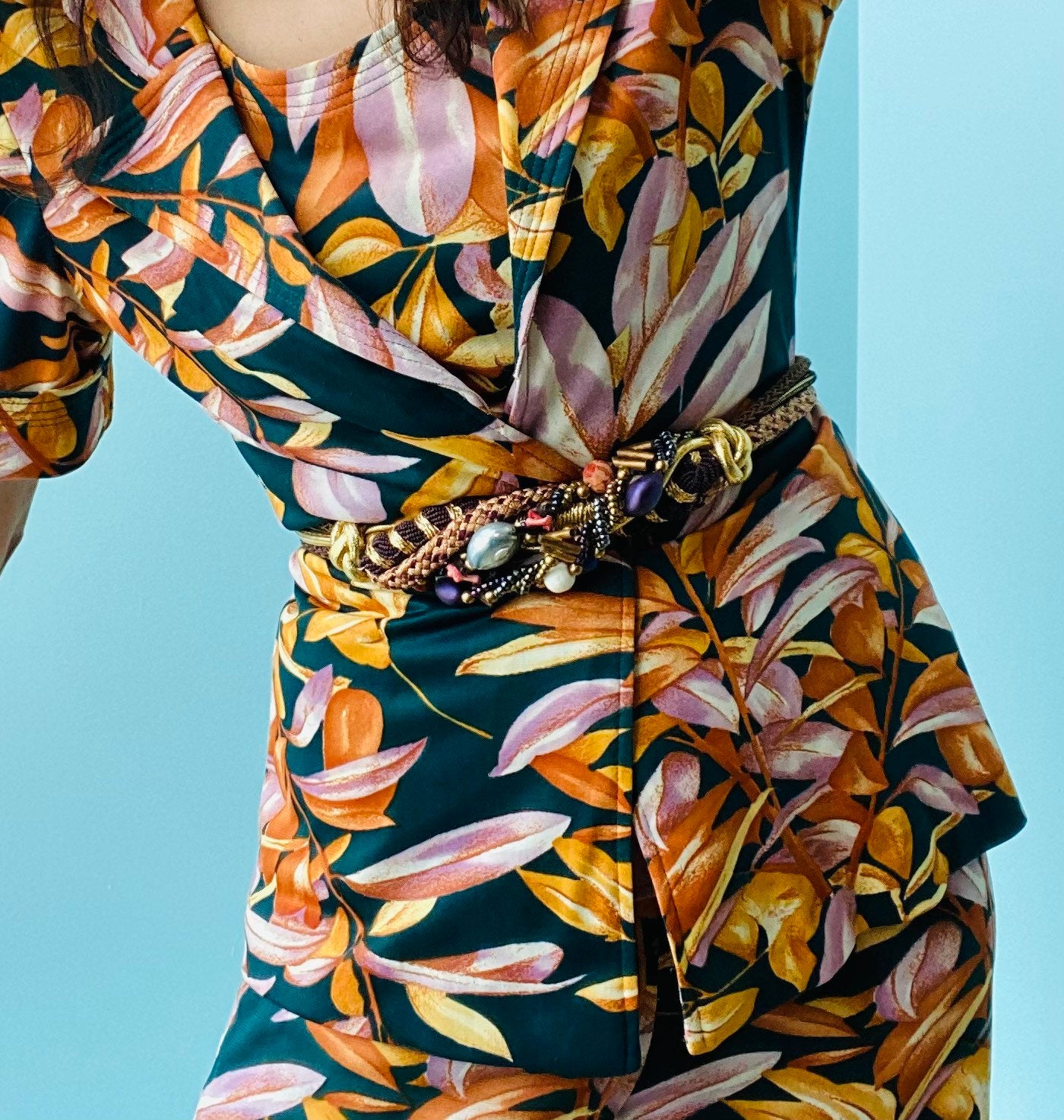 70s Gold Metallic Beaded Braided Silk Belt or Head Wrap Sash