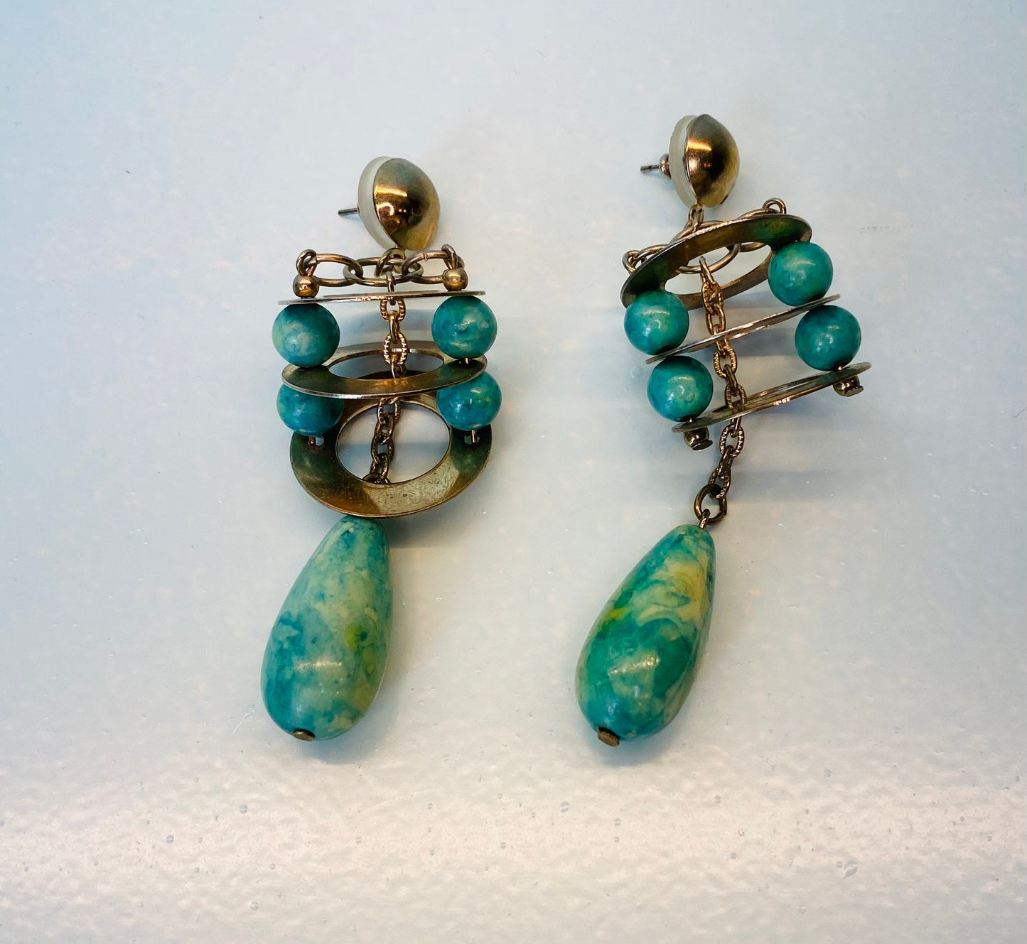 OOAK 60s 4” Faux Turquoise Silver Dangle Statement Artist Made Pierced Earrings