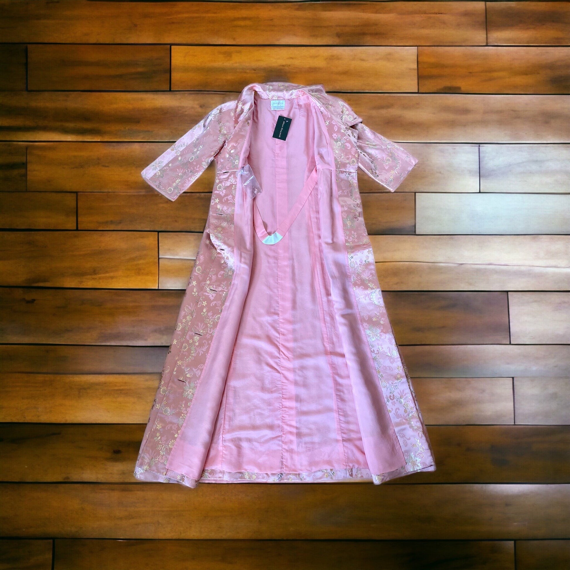 1950s Neiman Marcus Hong Kong Silk Pink and Gold Brocade Collard Button Down House Coat Dress