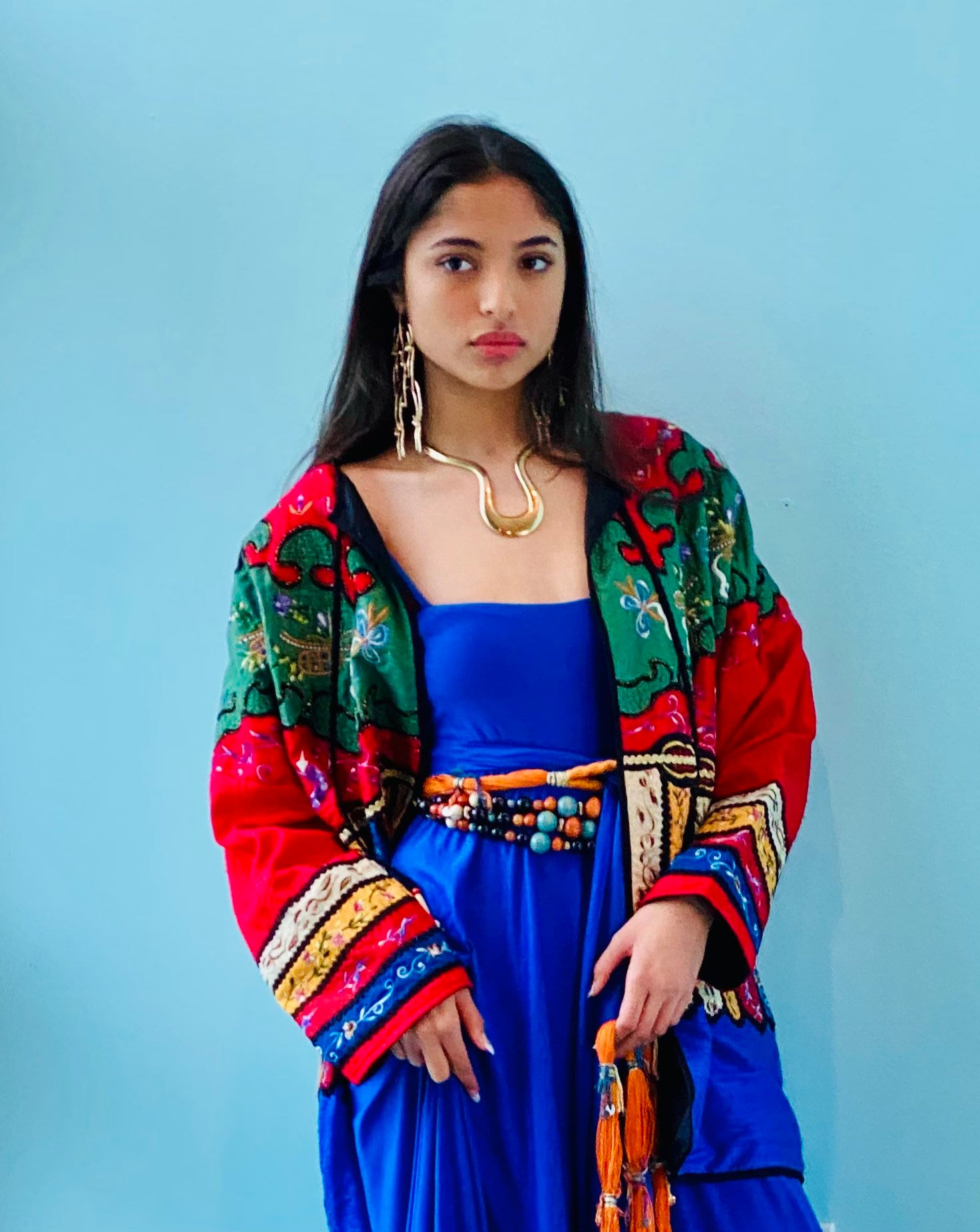 80s Carolyn Tanner Wooden Beaded Boho Sash Fabric Vegan Belt