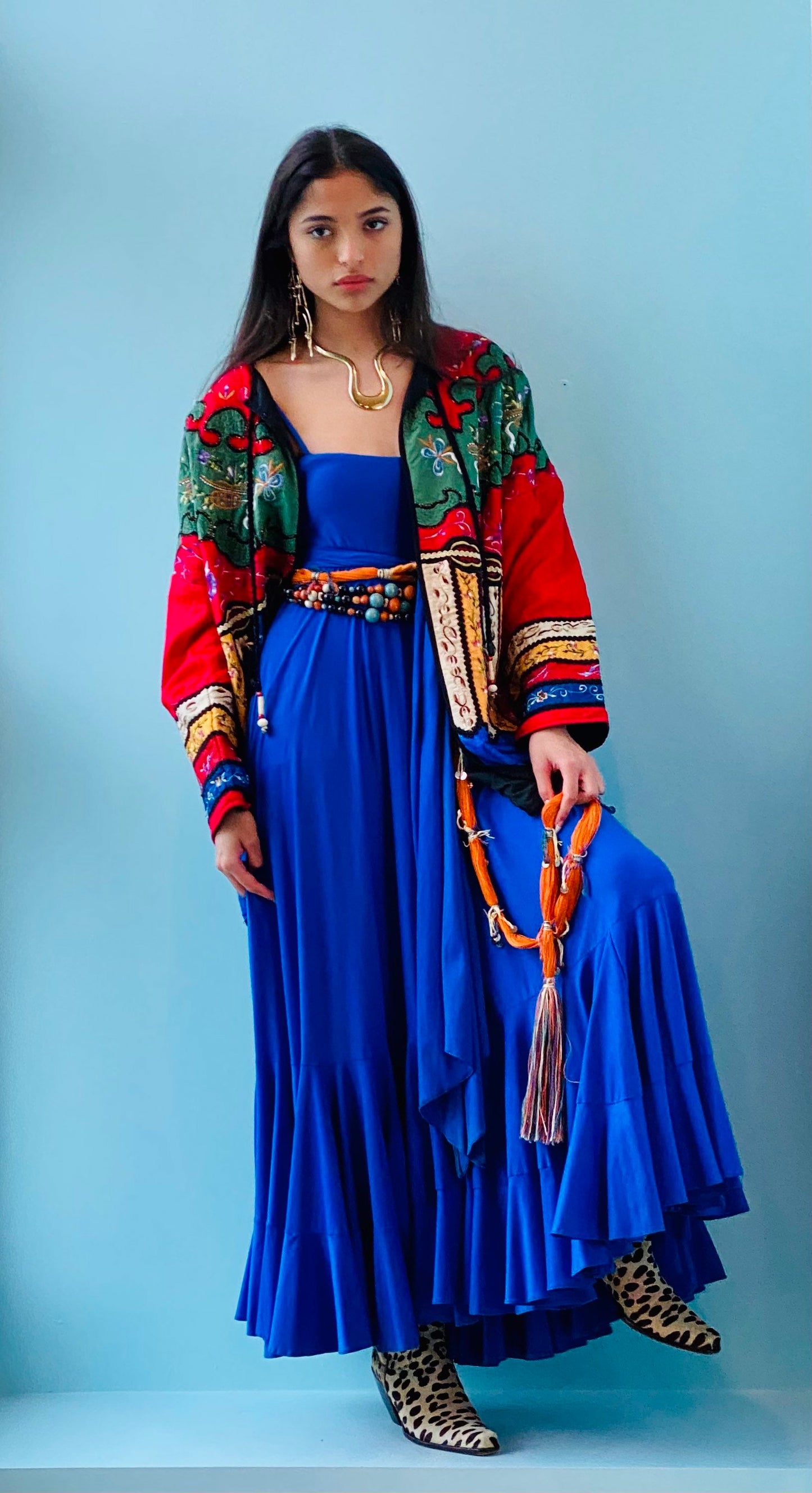 80s Carolyn Tanner Wooden Beaded Boho Sash Fabric Vegan Belt