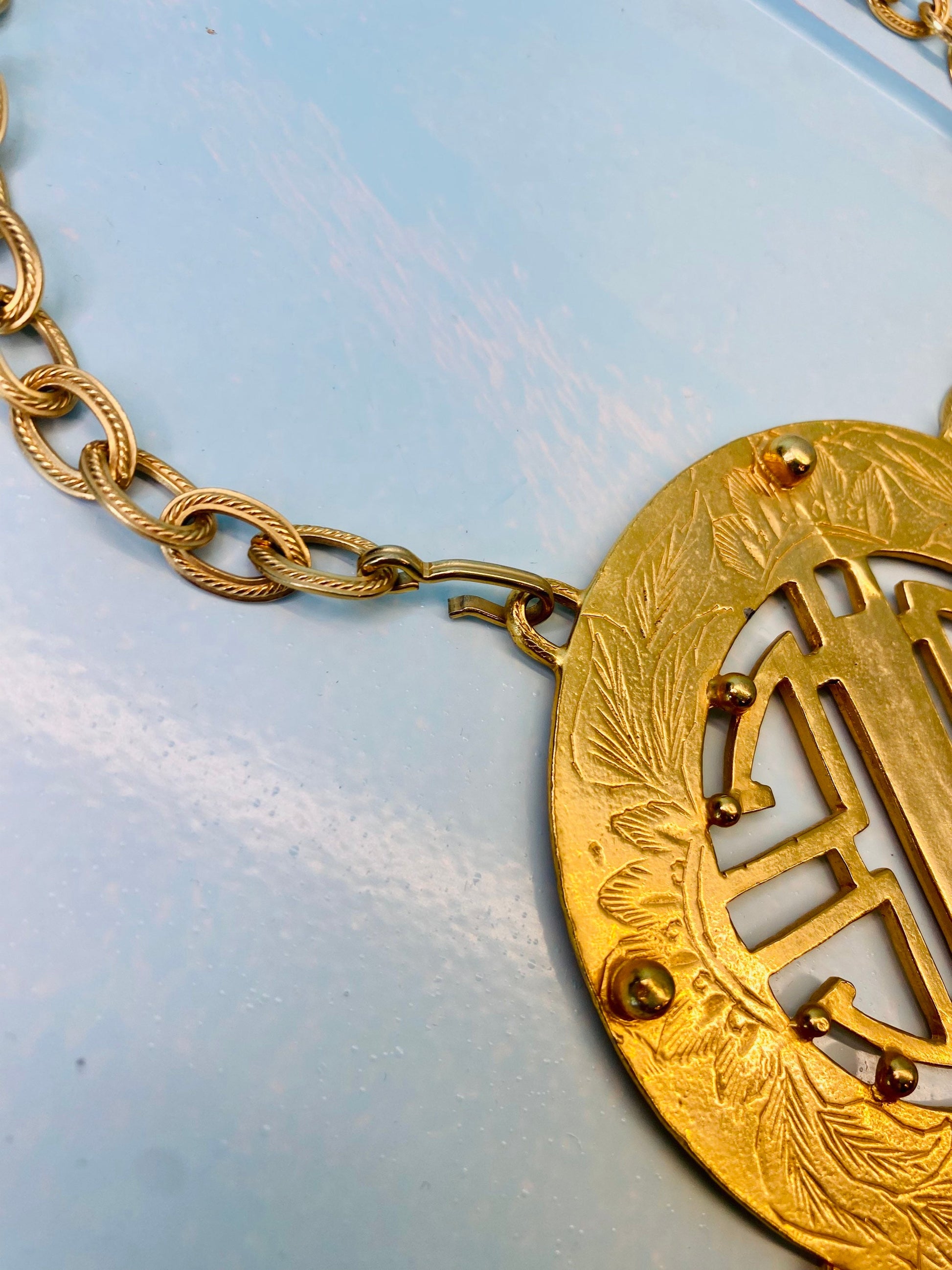 Alexis KIRK Museum Worthy Massive Gold Plated Etruscan Pendant Necklace / Body Necklace